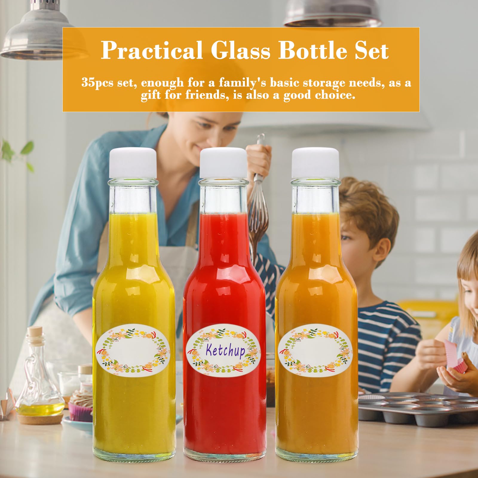 Bottiglia per salsa piccante da 141,7 ml, bottiglia in vetro con coperchio bianco, coperchio a vite a prova di perdite, confezione da 35, per olio, vodka, salsa, ketchup, tabasco, miele,