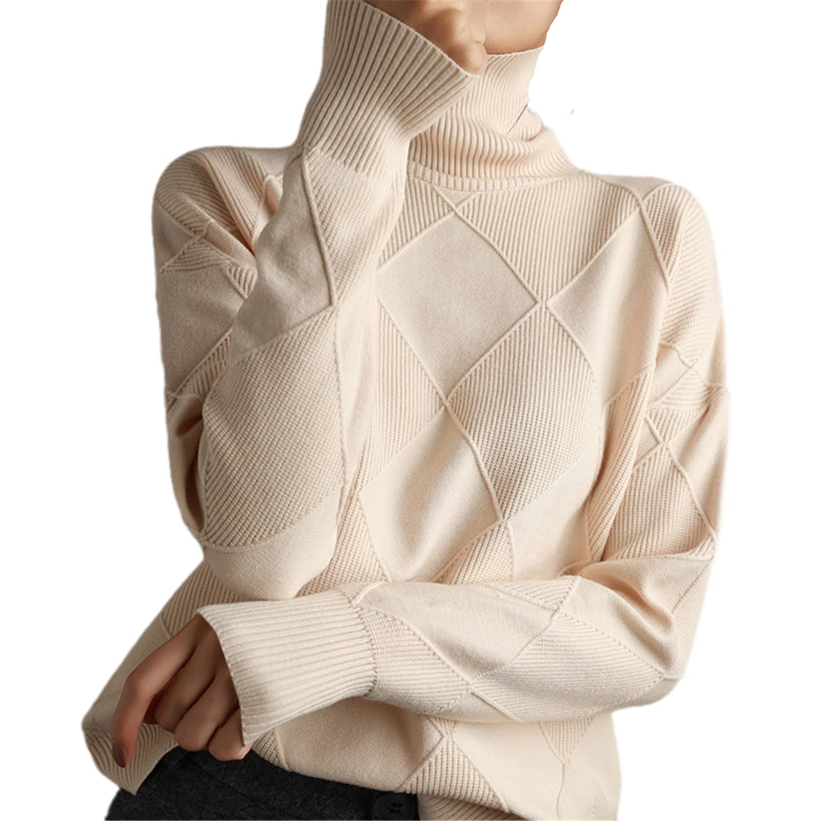 Kaschmirpullover Damen Rollkragen Strickpullover Wolle Lose Große Größe Pullover, beige, XX-Large