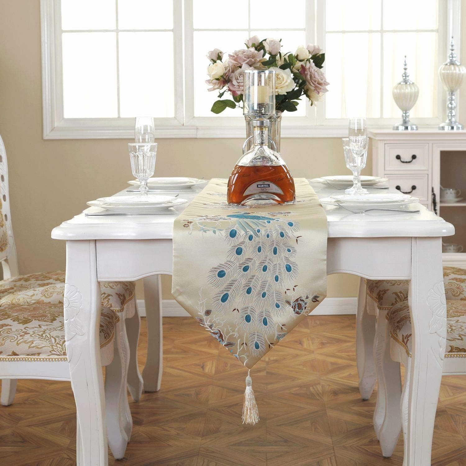 Embroidery Peacock Table Runners with Tassel 13 x 83 Inches Non Slip Rectangle Table Runner for Wedding Decor Coffee Table Decor（Gold）