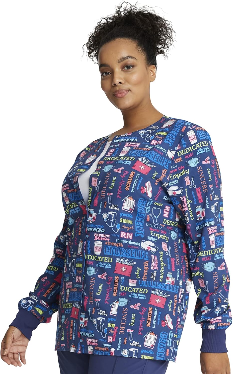 Cherokee Scrub Jackets For Woman Printed Snap Front Modern Classic Fit, 2 Pockets, Rib-Knit Cuffs - CK321