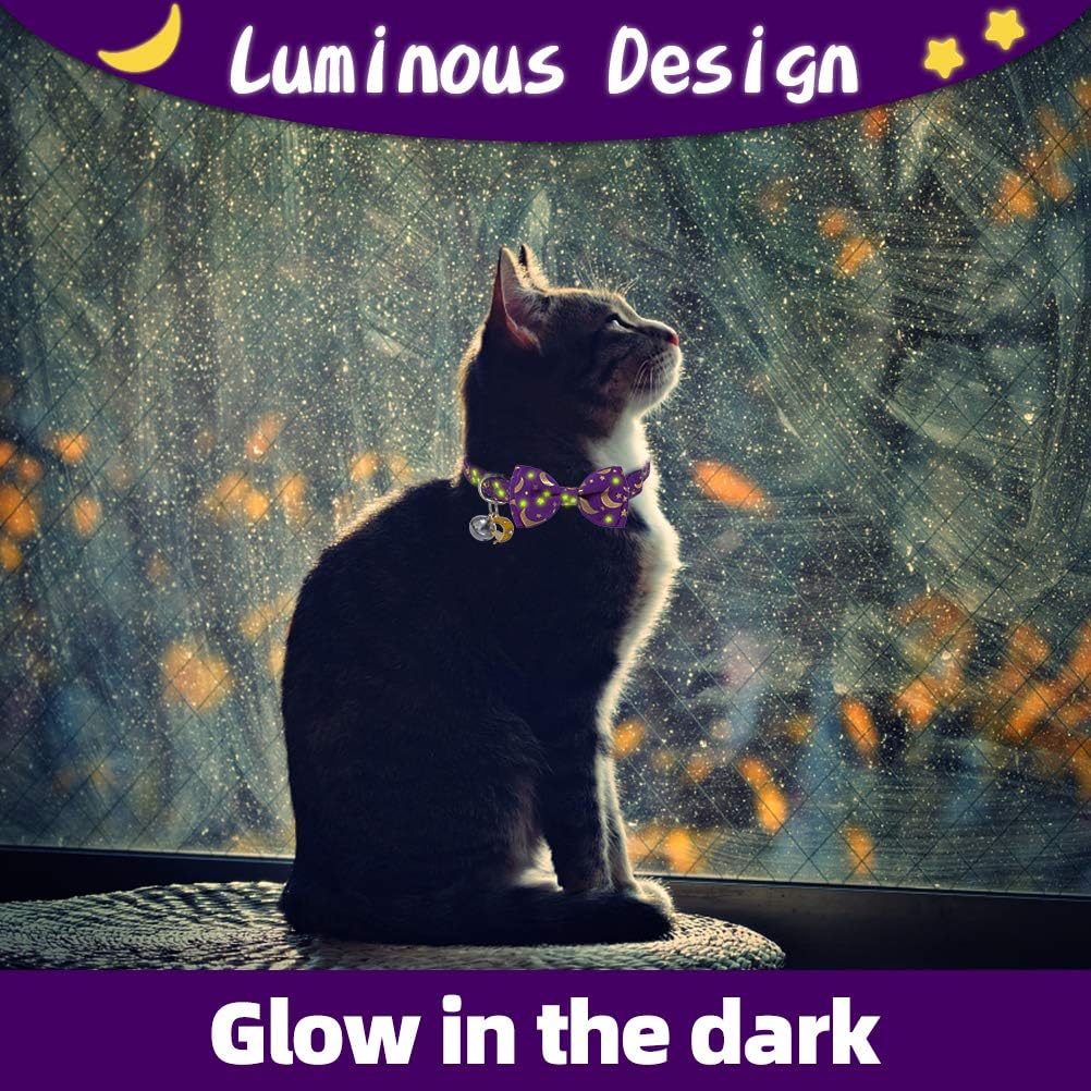 BINGPET Breakaway Cat Collar with Bell 3 Pack, Adjustable Luminous Kitten Collar with Star & Moon Patterns, Removable Bow Tie, Glow in The Dark