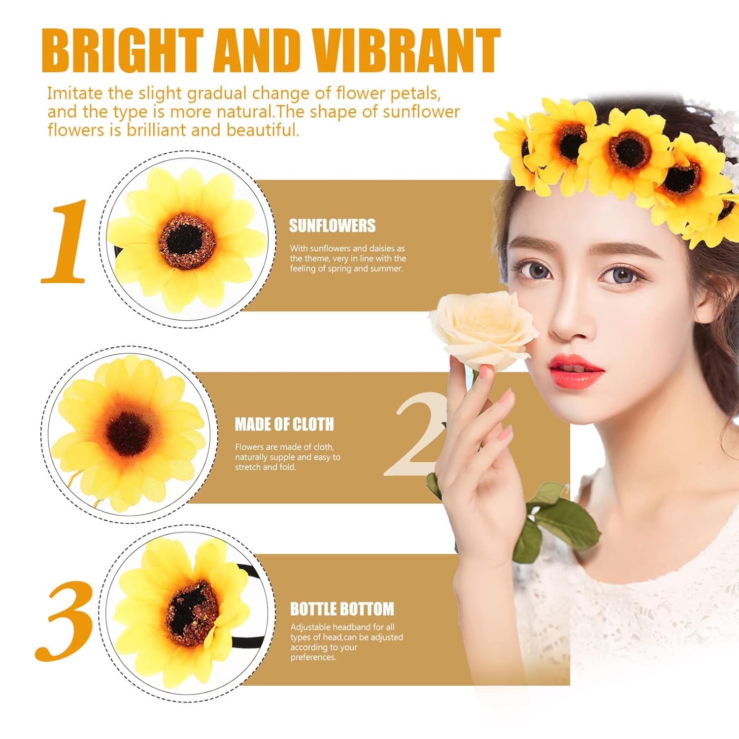 KALLORY 2sets Sunflower Hairband for Women Floral Headpiece for Weddings Parties and Ceremonies Bohemian Style Accessories Lightweight Comfortable Design