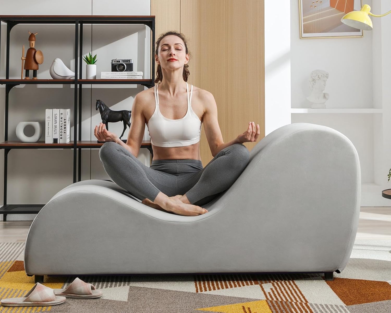 BALUS 60.6" Width Yoga Chaise Lounge Chair for Living Room Relaxing, S-Shape Yoga Sofa Chair for Adults Office Yoga Stretching, Velvet Yoga Chaise Lounges Indoor for Apartment Exercising, Light Grey