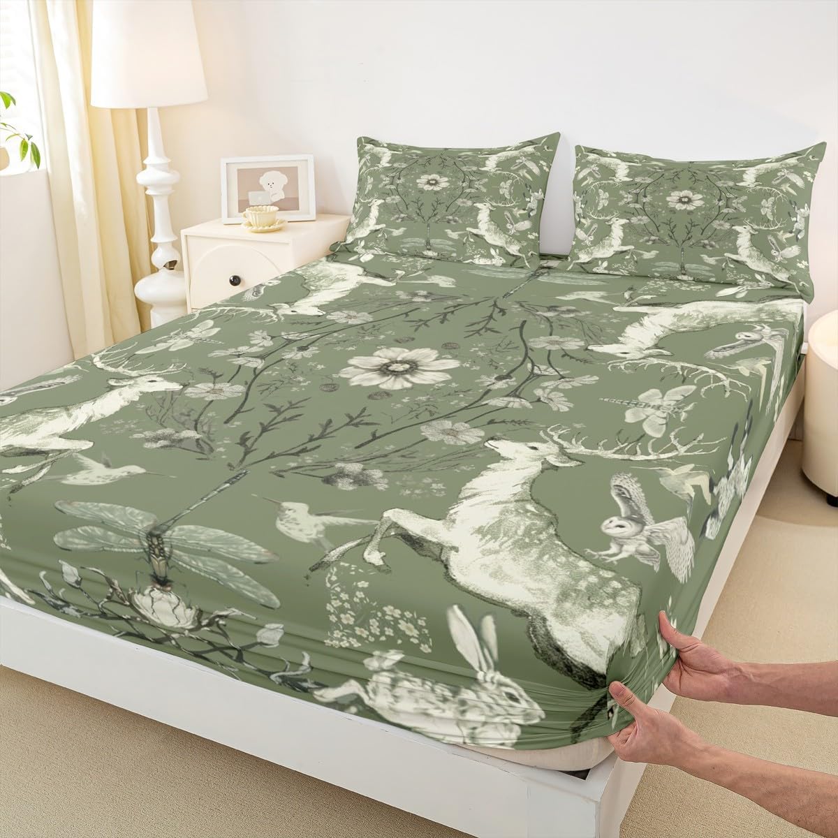 Homewish Rustic Farmhouse Animals Kids Sheet Full Size,Deer Owl Rabbit Dragonfly Insect Bedding Set, Daisy Flower Leaves Kids Room Decor,Baby Green Sheet(Fitted+Flat+2 Pillowcases)
