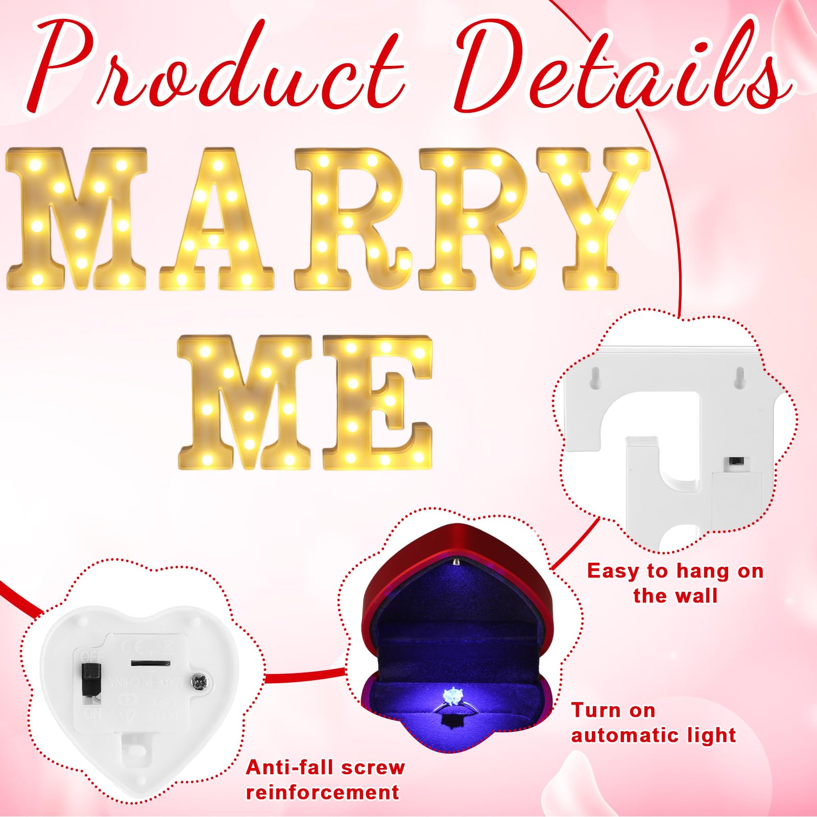 Aurelema Zestaw dekoracji oświadczyn Marry Me Light up Letters 6000 płatków róży, 72 romantyczne świece w kształcie serca, 10 balonów, dywan, czerwona wstążka, 1 pudełko na pierścionki, maska na oczy