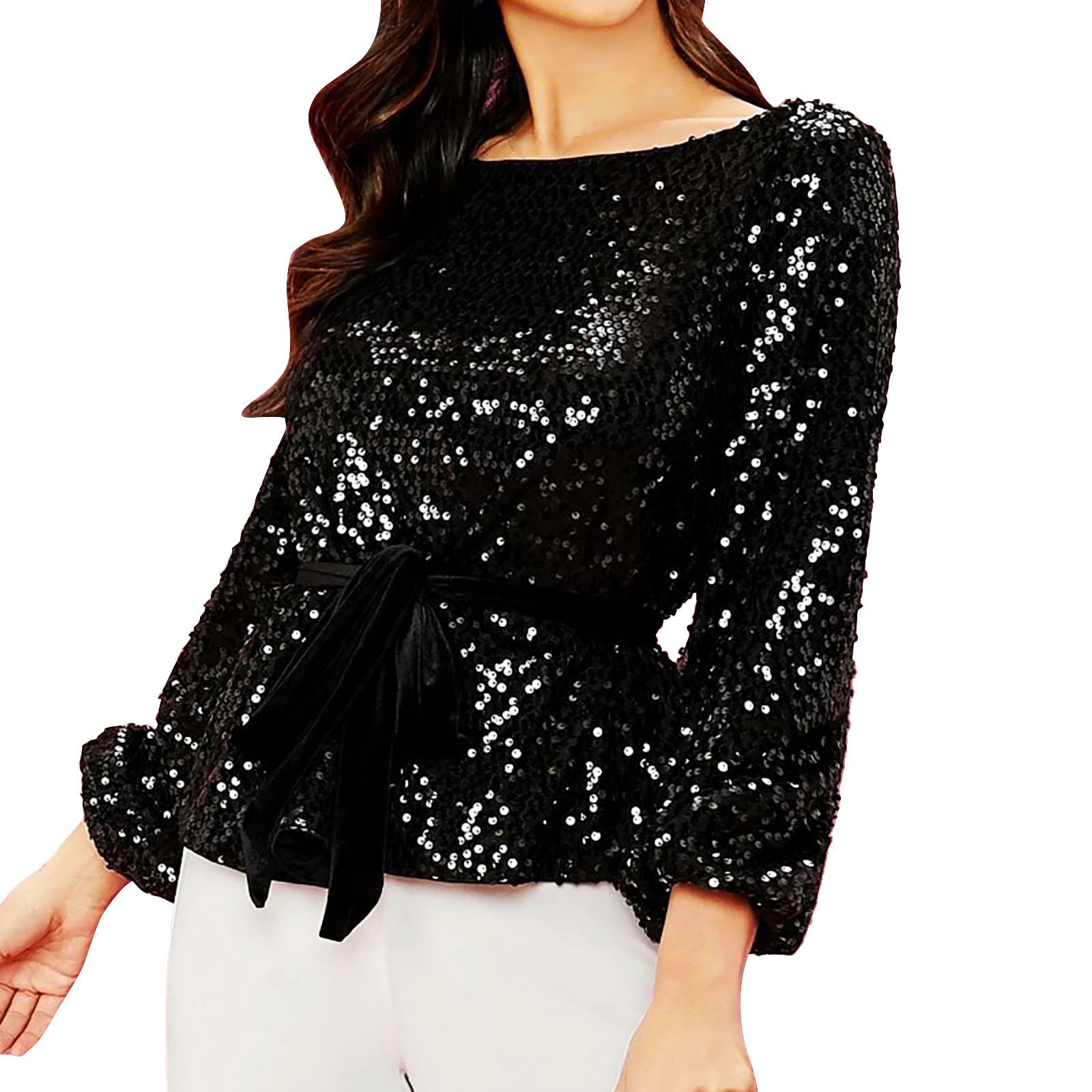 Top da Donna in Vita con Paillettes per Feste alla Moda con Cinturino in Velluto Plus Size Top da Donna Bianco Maglia Sexy