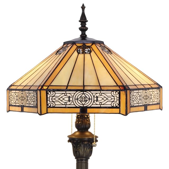 WERFACTORY Tiffany Floor Lamp Yellow Hexagon Stained Glass Mission Standing Reading Light 16X16X64 Inches Antique Pole Corner Lamp