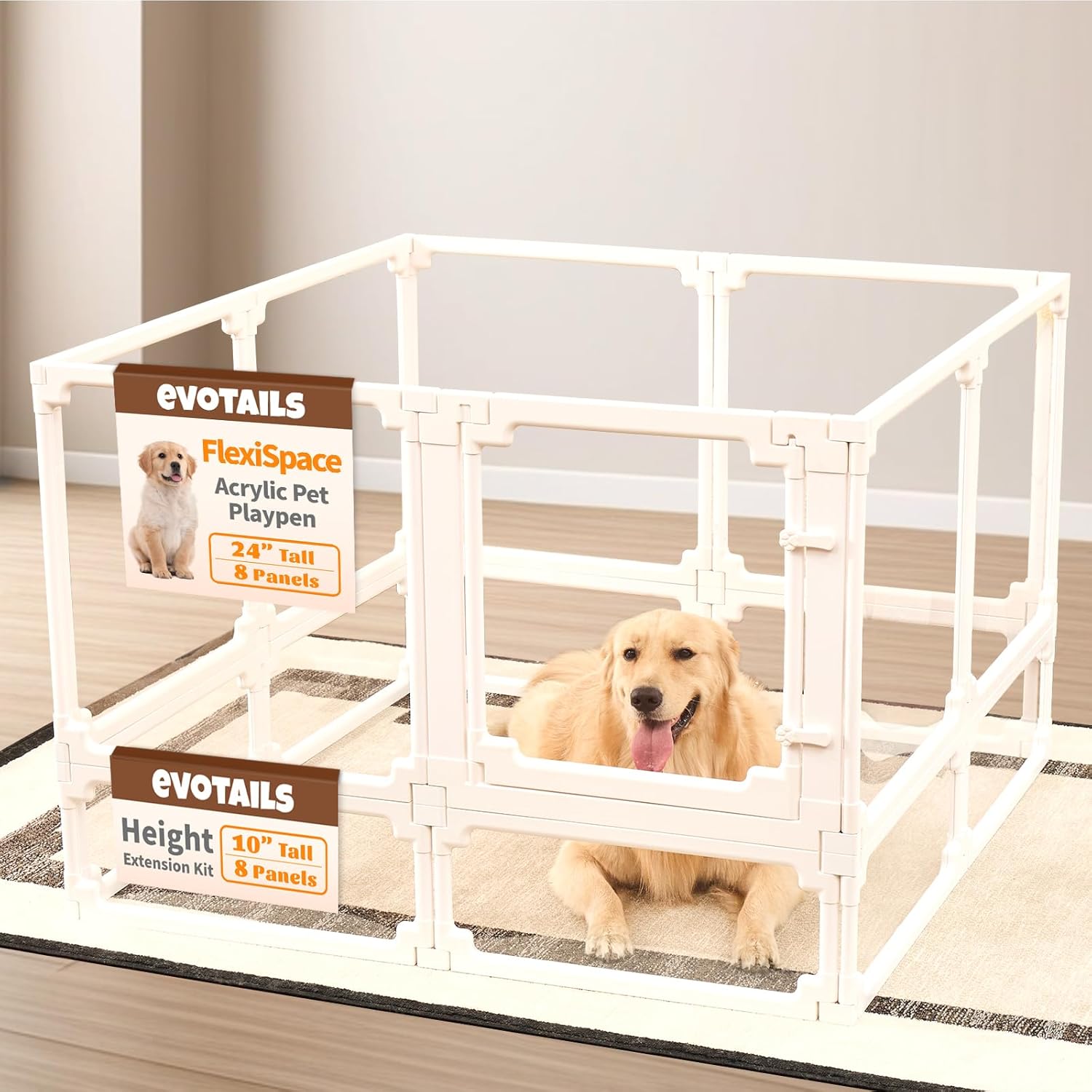 FlexiSpace Adjustable Clear Dog Play Pen, Expandable & Stackable Acrylic Dog Playpen, ONLY Dog Play Pen Indoors Grow with Your Pet Puppy Playpen (24”H, 8 Panels)