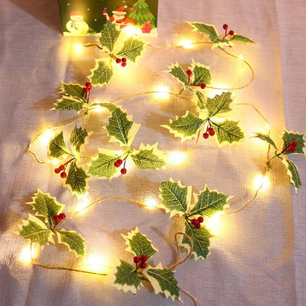 Guirnalda de Navidad con luces, 20 luces LED de 6.56 pies, funciona con pilas, guirnalda de hojas de bayas rojas, guirnalda de árbol de Navidad, decoración de interiores, luces cálidas para