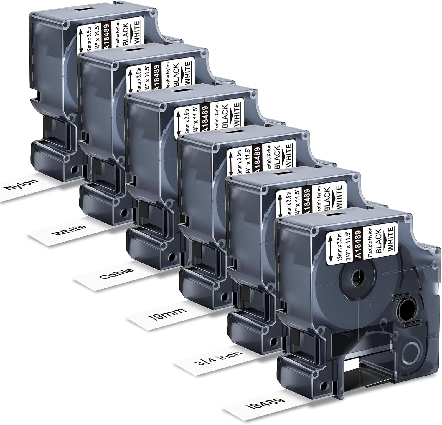 Pillex 6-Pack 18489 Replace for DYMO Rhino Industrial Flexible Nylon 3/4 Inch Label Tape, Work with DYMO Rhino Pro 4200 5200 5000 6000 3000 1000 Label Maker, 3/4 Inch x 11.5 Feet, 19mm, Black on White