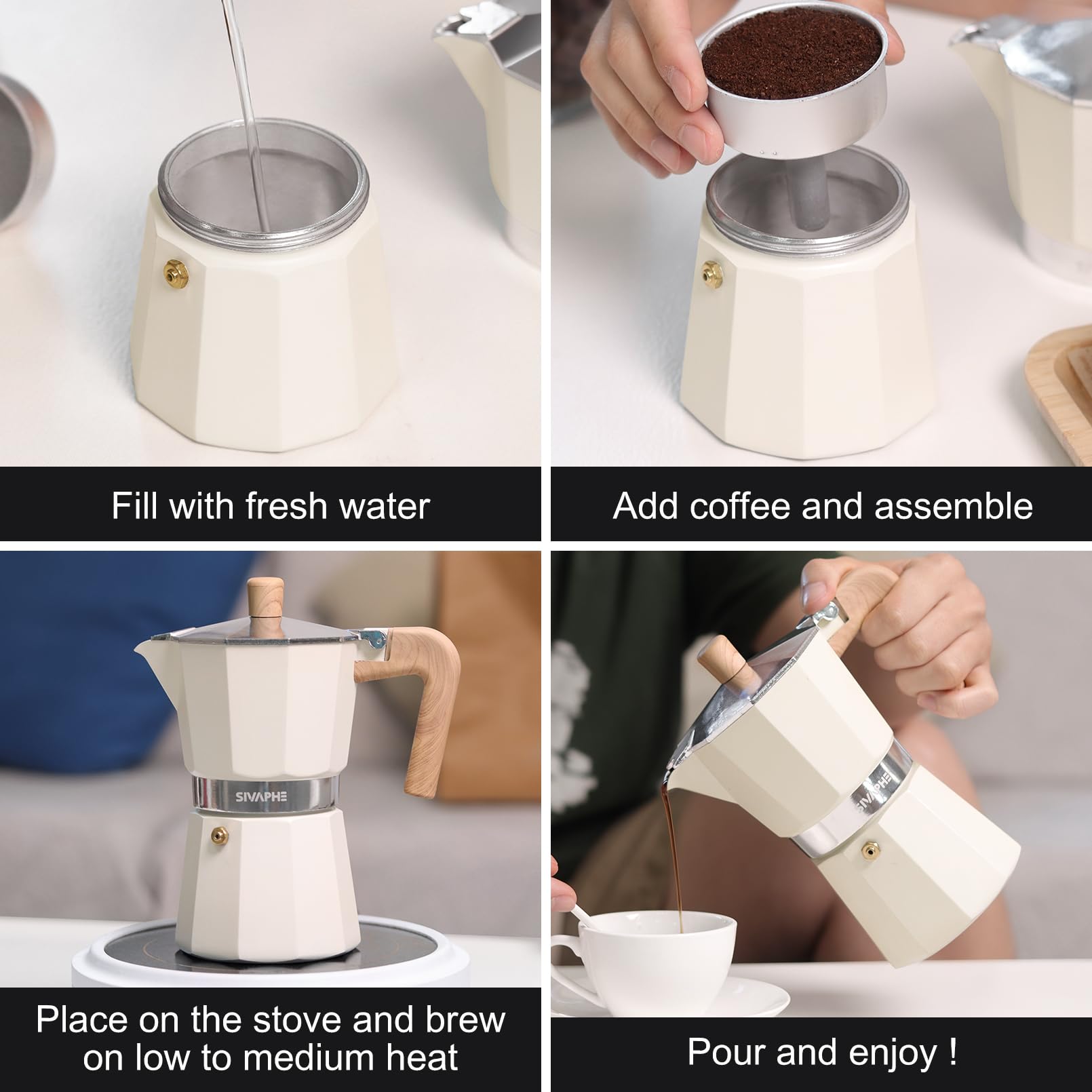 Sivaphe Moka in alluminio, 6 tazzine da espresso, caffettiera e caffettiera, portatile, per cucina italiana e cubana, per casa e campeggio, colore: bianco