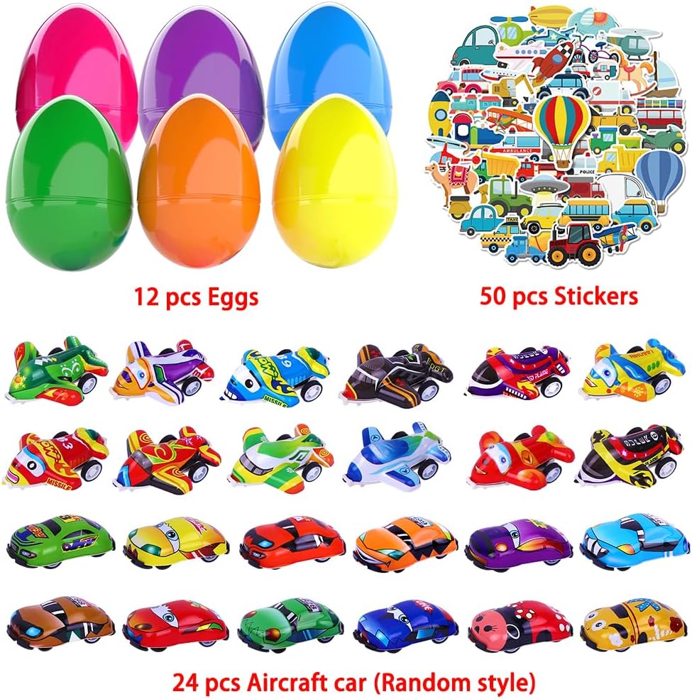 JOICEE Easter Eggs Pre Filled with Pull Back Ca0rs Planes, Plastic Easter Eggs with 24pcs Cars and Airplane Toys and Fun Tattoos for Easter Party Favors Classroom Activity Gifts for Boys