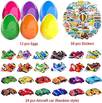 JOICEE Easter Eggs Pre Filled with Pull Back Ca0rs Planes, Plastic Easter Eggs with 24pcs Cars and Airplane Toys and Fun Tattoos for Easter Party Favors Classroom Activity Gifts for Boys