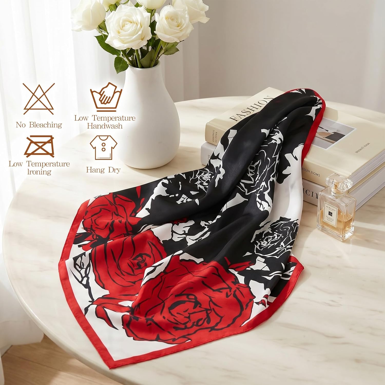cobee Head Scarf for Women Red, 35 inch Large Square Hair Bandana Silk Scarf Vintage Red Rose Print Satin Scarf for Lightweight Polyester Sleeping Neck Silk Bandana Hair Scarves Party Office Travel