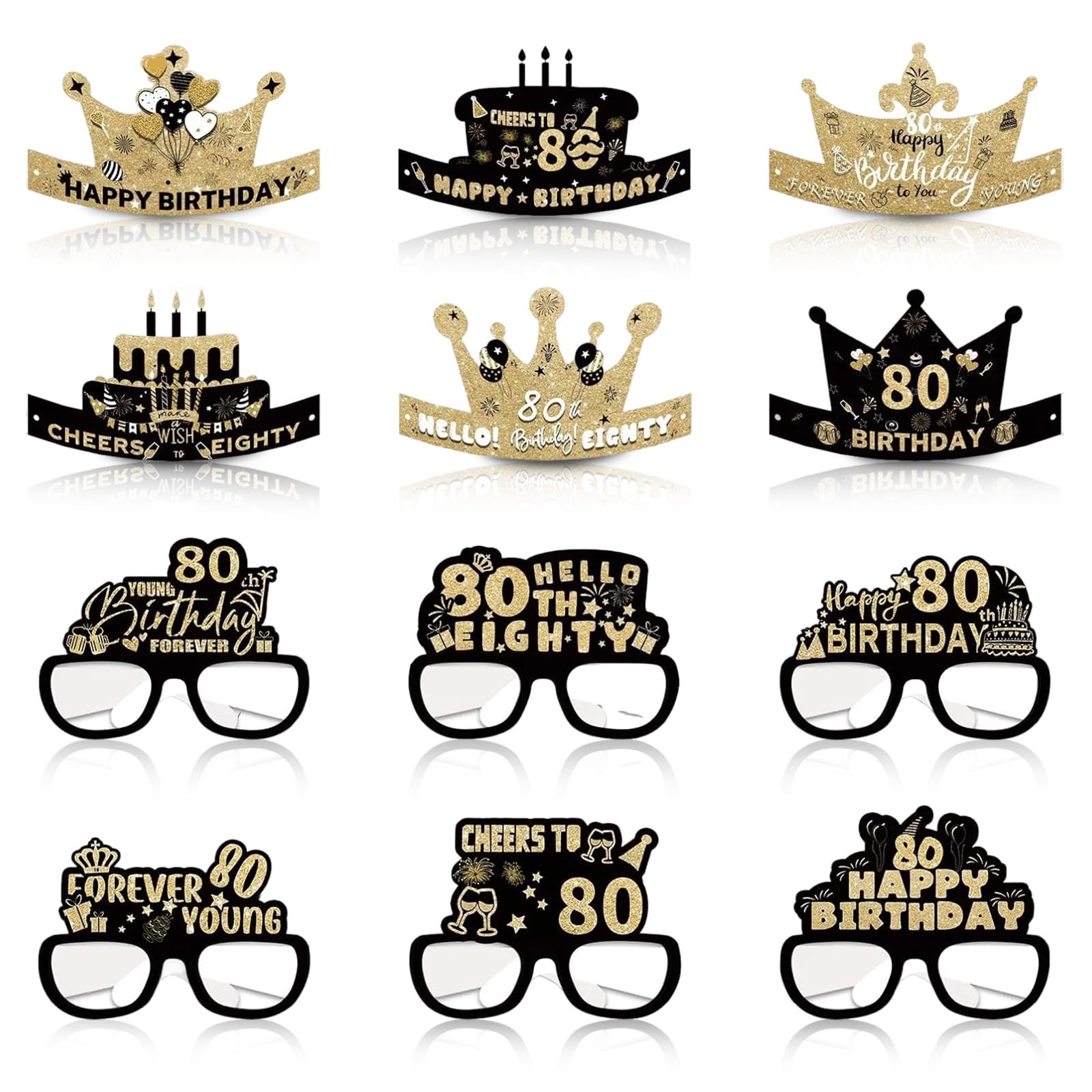 12pcs Birthday Glasses Hats, 60th/70th/80th Birthday Paper Sunglasses Decoration, Party Photo Booth Props, Perfect for 60th/70th/80th Party Shoots, Charming Props for Memorable Celebrations (80th)