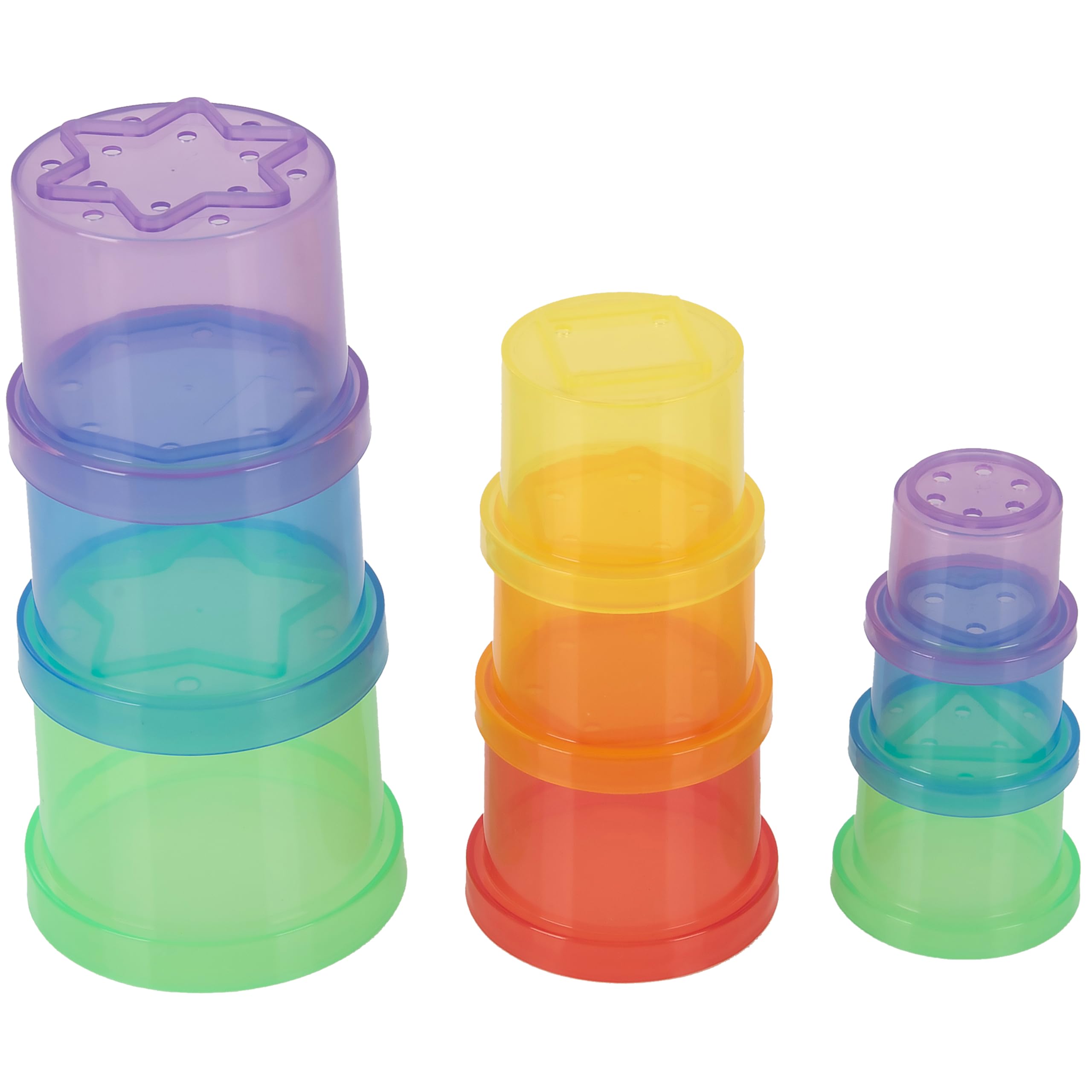 tickit Translucent Colour Stackable Cups – Set of 9 Shapes-Printed Cups with Holes for Counting, Sand & Water Play, Colour Recognition, and Printing Activities