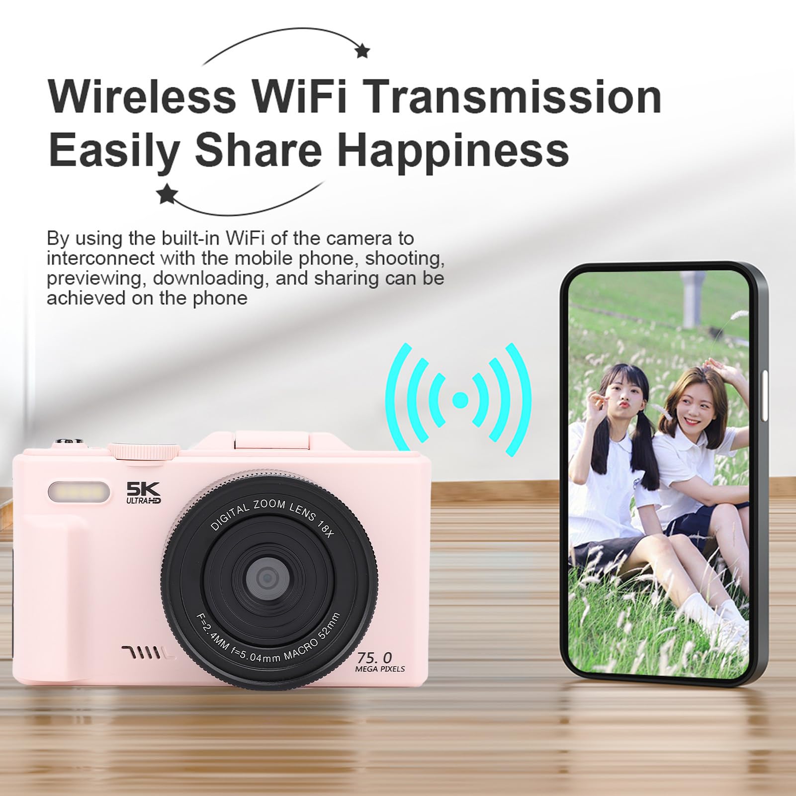 Fotocamera Digitale 5k per Fotografia, Videocamere WiFi 75MP UHD Vlogging con Zoom Digitale 18x, Videocamera AutoFocus da 3 "a Battibe