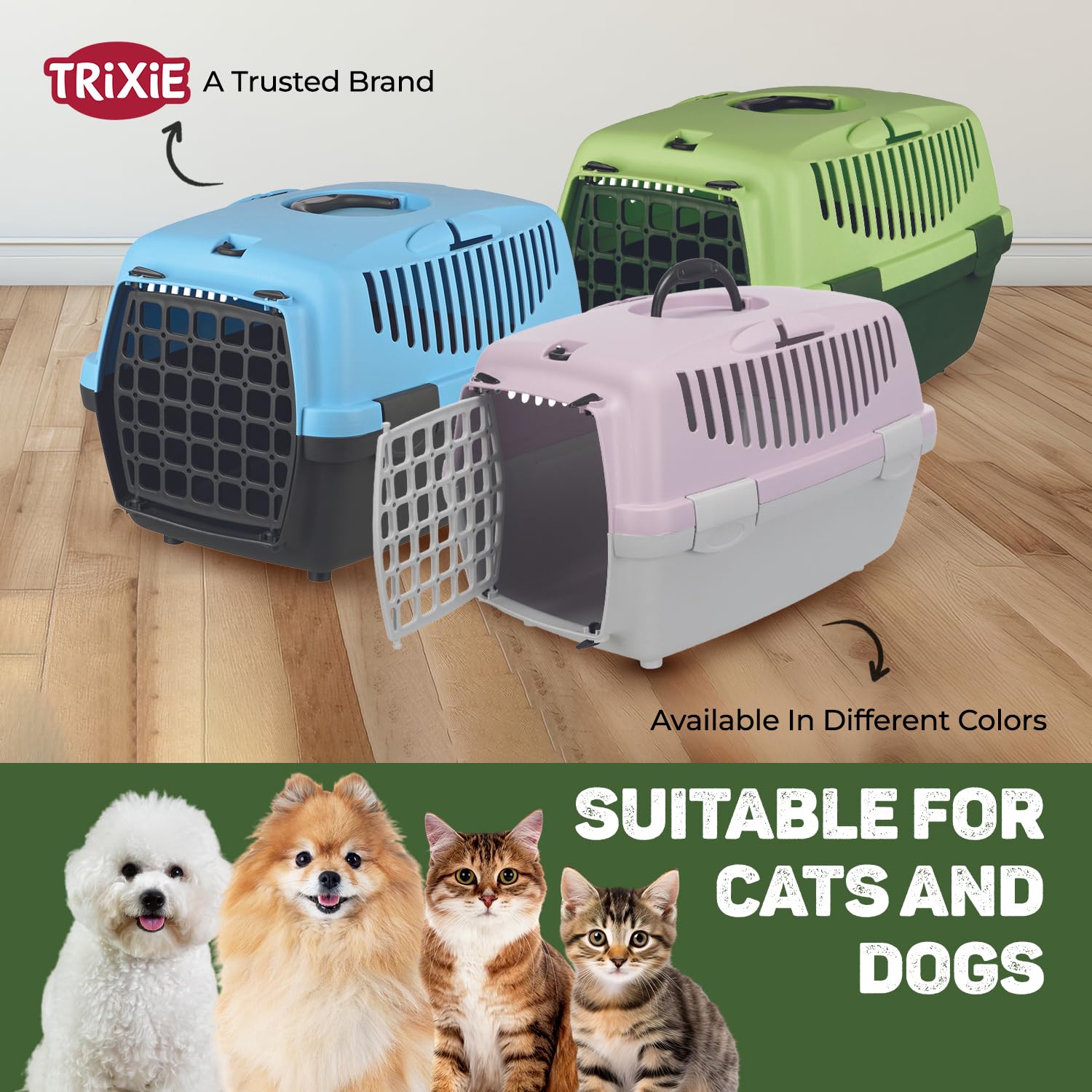 Trixie: - Capri 1 Pet Carrier | Made with Biodegradable Plastic, Perfect for Cats, Dogs, Rabbits and Other Small Animals | Can Hold Upto 6 Kg - 19 x 13 x 12 inch, Apple Green 4