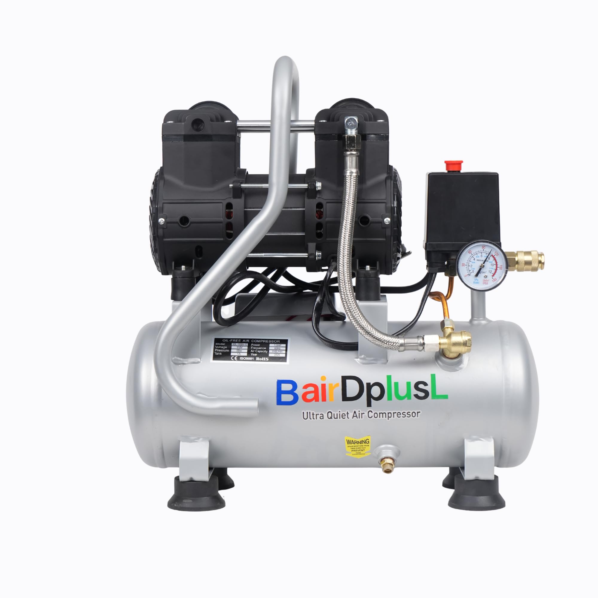Photo 1 of BairDplusL 3.2 Gallon Ultra Quiet Air Compressor 110V/60Hz 1.5HP 8.8CFM, MAX 115PSI Steel Tanks Oil-Free 70dB Noise Level Light & Quiet Portable Air Compressor for Auto Repair Spray Painting
