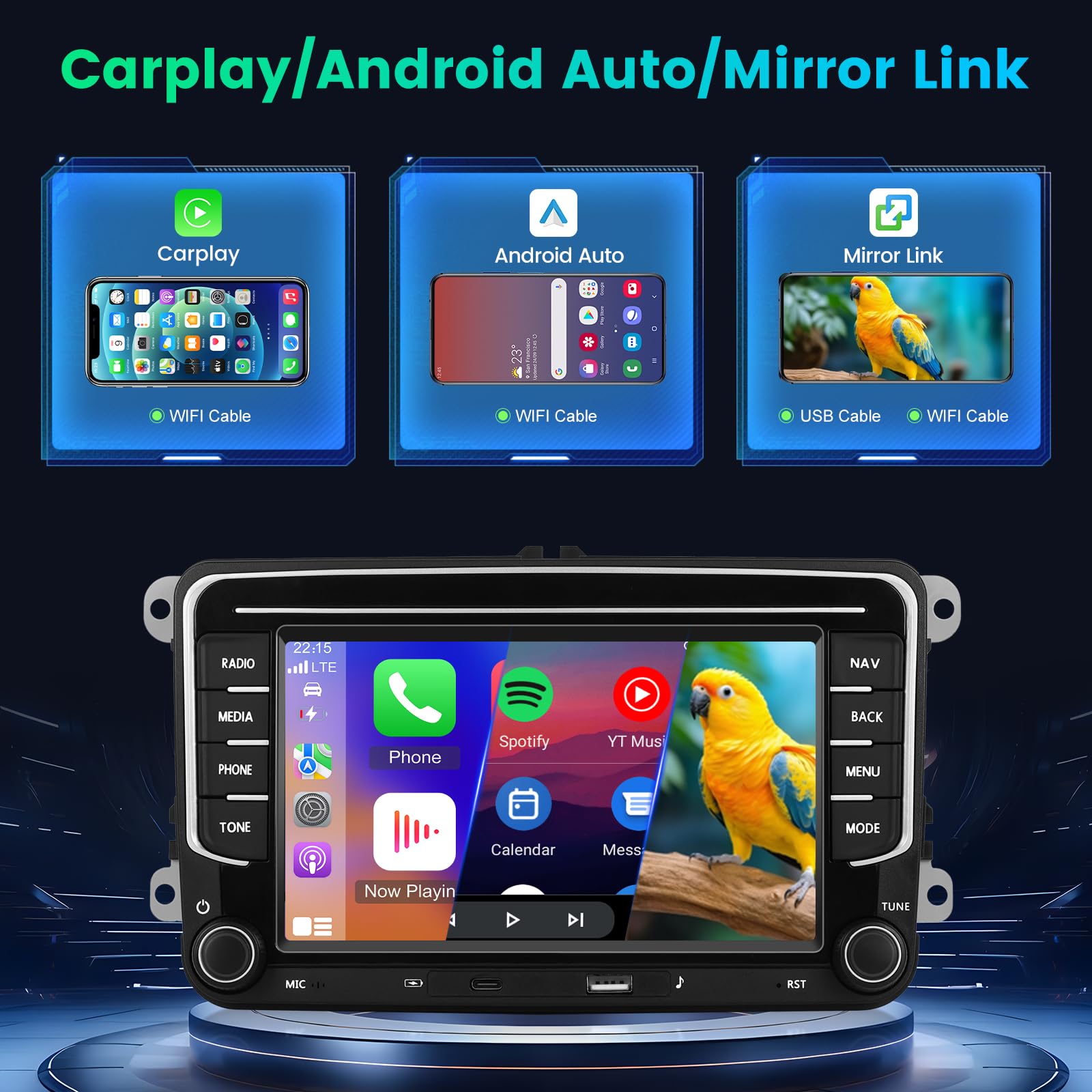 4GB+64GB VW Android Autoradio für Golf 7 Passat Tiguan Jetta Polo Beetle mit originalem 52-Pin VW Quadlock Anschluss, Drahtloses CarPlay Android Auto DSP GPS WiFi Rückfahrkamera