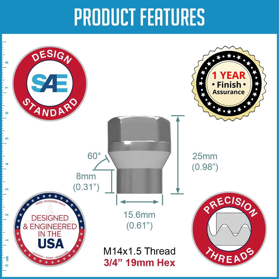 Wheel Accessories Parts 24 Pcs M14x1.50 Thread OE ET Bulge Acorn (Extra Thread) 1.00" Long Lug Nuts Bright Zinc 3/4" 19mm Hex Fits Silverado 1500 ｜ Ford F-150 ｜Toyota Tacoma Tundra