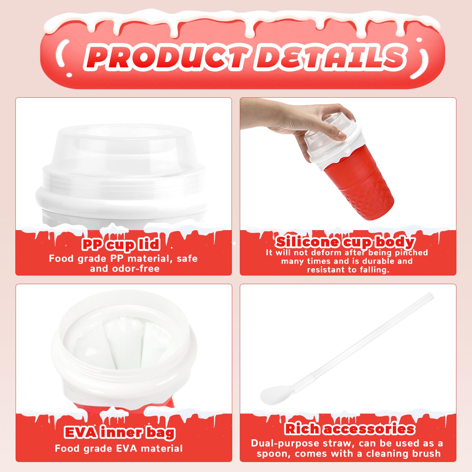 Slushy Maker Cup, Macchina per Granita In Silicone, Con Cannuccia E Cucchiaio 2 In 1, Frozen Magic Squeeze Cup In Silicone, Per I Frullati Fatti In Casa(rosa)