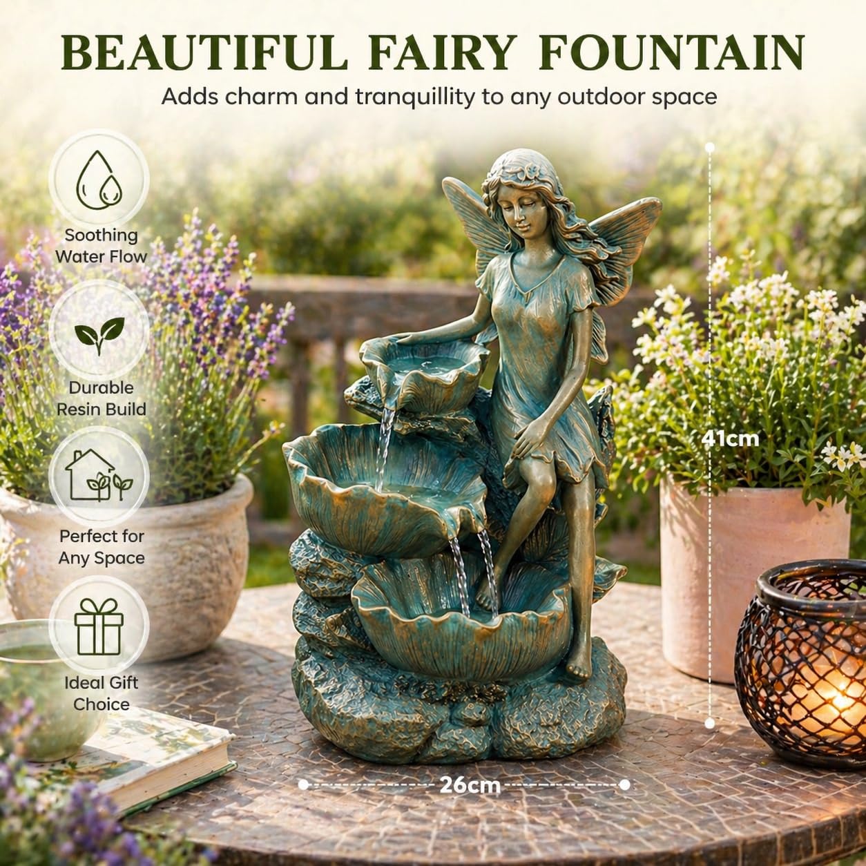 Festive Lights Fontaine LED solaire de 41 cm en forme de fée avec cascade, fontaine solaire pour jardin, intérieur et extérieur, fontaine solaire pour l’extérieur, fontaine de jardin en bronze