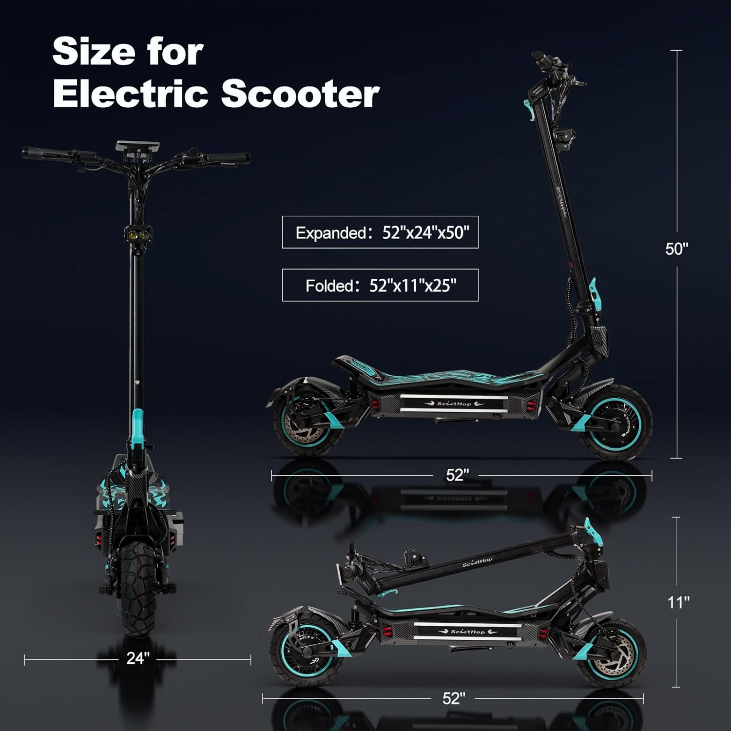 Detaye view of the Scoothop BE-3's 360-degree lighting system, including headlamp, taillight, turn signals, ambient lights, and stem light-bars for enhanced visibility.