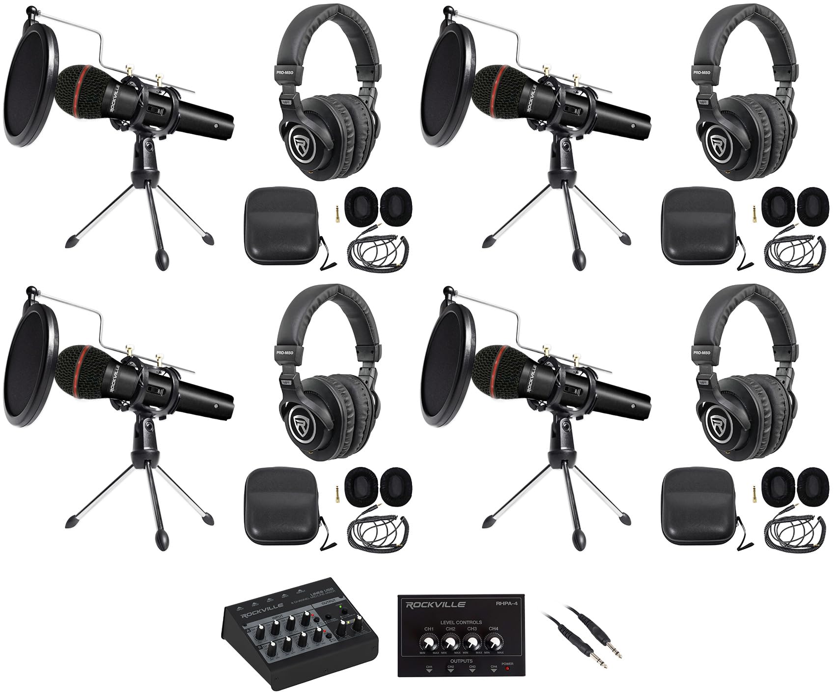 Rockville Bundle: LINE8 USB 8-Ch Mic/Line Mixer Bundle with (4) Handheld Wired Microphone, (4) Tripod Microphone Stand, (4) Studio Headphones, Headphone Amplifier & 1/4'' TRS Balanced Cable (15 Items)
