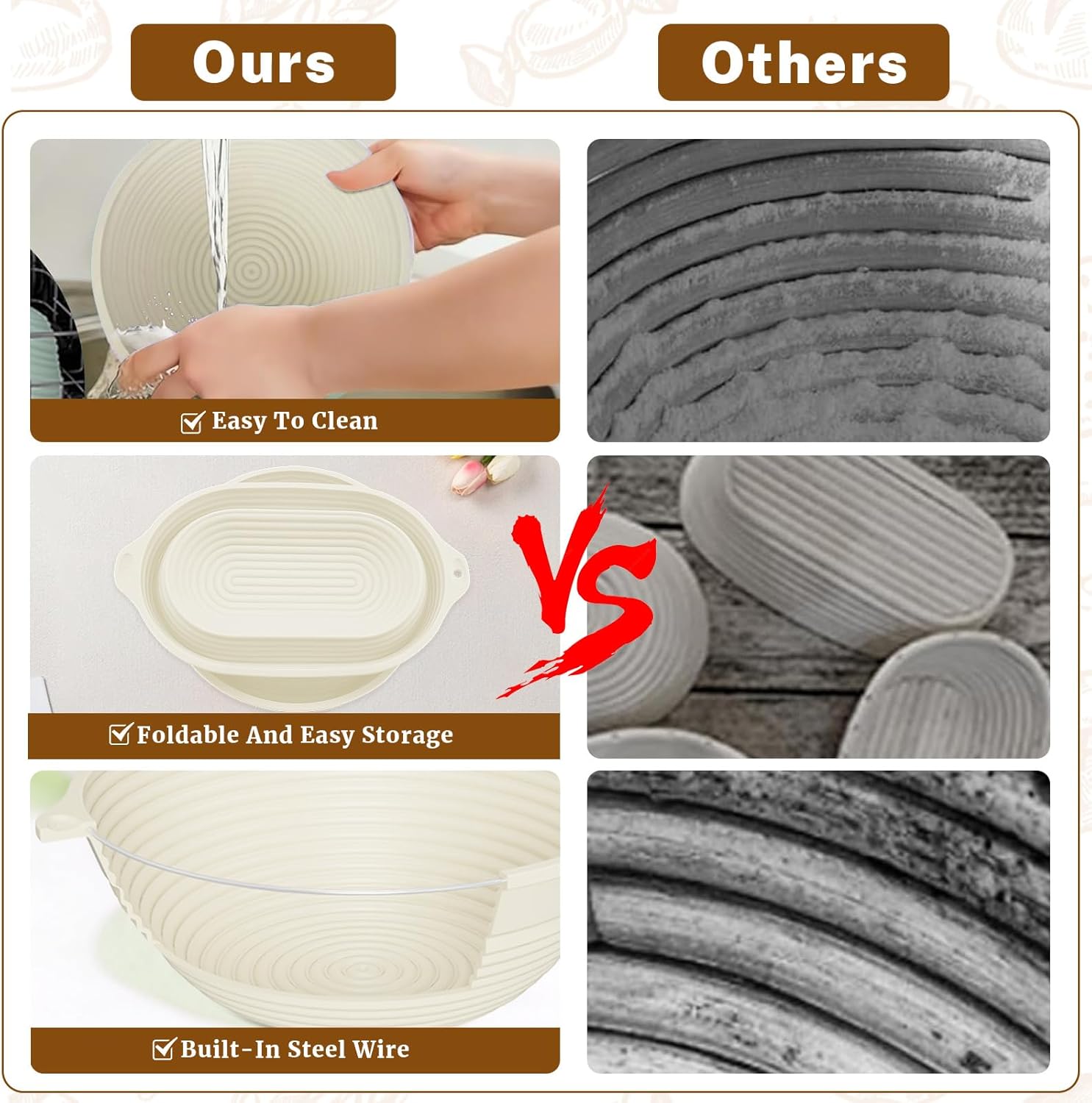 Silicone Sourdough Proofing Basket Set of 2, Foldable 10" Oval & 9" Round Bread Proofing Baskets, Bread Making Tools Kit with Dough Whisk, Scraper, Lames, Brush