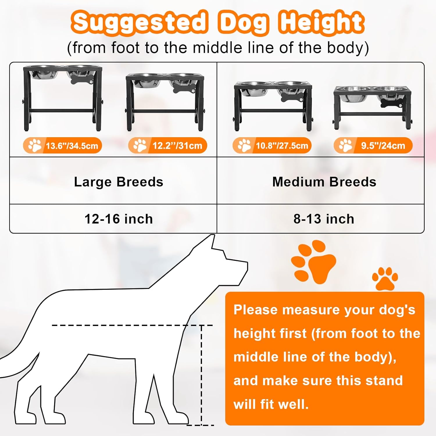 Elevated Dog Bowls, 4 Height Adjustable Metal Raised Bowl Stand with 2 Thick Stainless Steel Food Bowls & Spill-Proof Mat, Adjusts to 13.6'', 12.2'', 10.9'', 9.5'' for Large/Medium Breeds