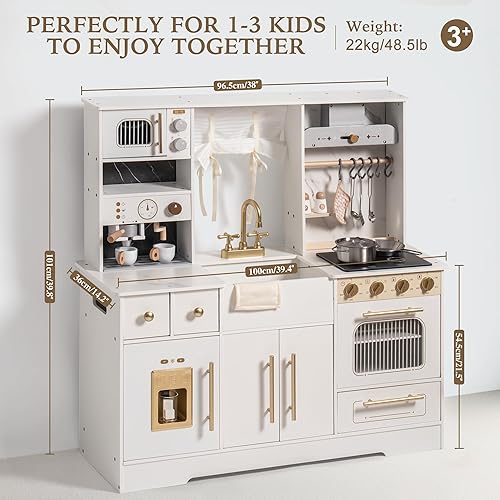 Miniatura 9 de ROBOTIME Juego de cocina de madera para niños, juego de cocina para niños pequeños con máquina de hielo y cafetera, juguete de cocina realista para