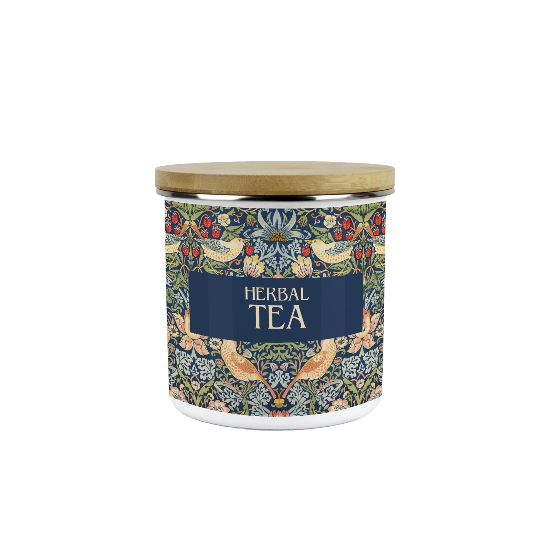Purely Home Blue Strawberry Thief Herbal Tea Storage Canister - Morris Inspired Tapestry Artwork Homeware Gifts - Medium Sized Metal Enamel Kitchen Food/Drinks Storage Container 600ml