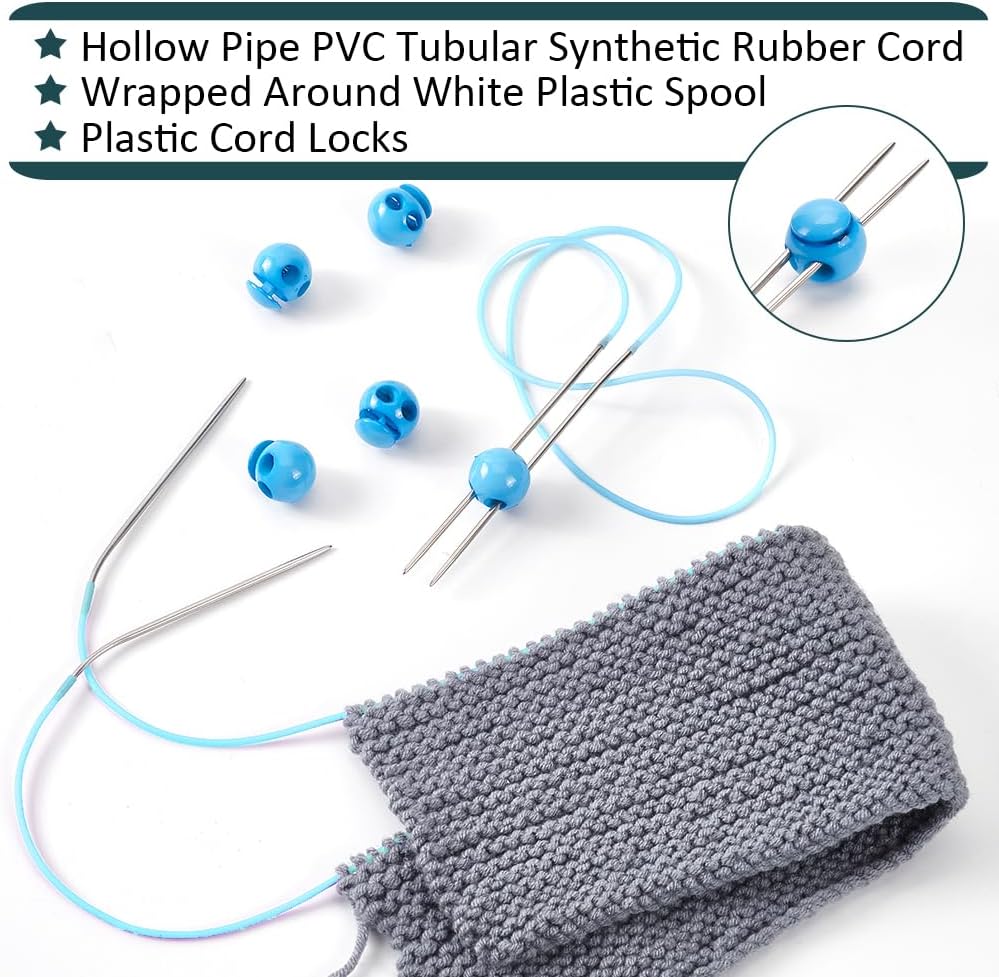 NBEADS 55 Yards Stitch Keeping Cords, 2mm Hollow Rubber Tubing Knitting Barber Cord Stitch Keeper with 6 Pcs 0.22 Inch Hole Cord Locks for Holding Stitches Bracelet Necklace Beading, Deep Sky Blue
