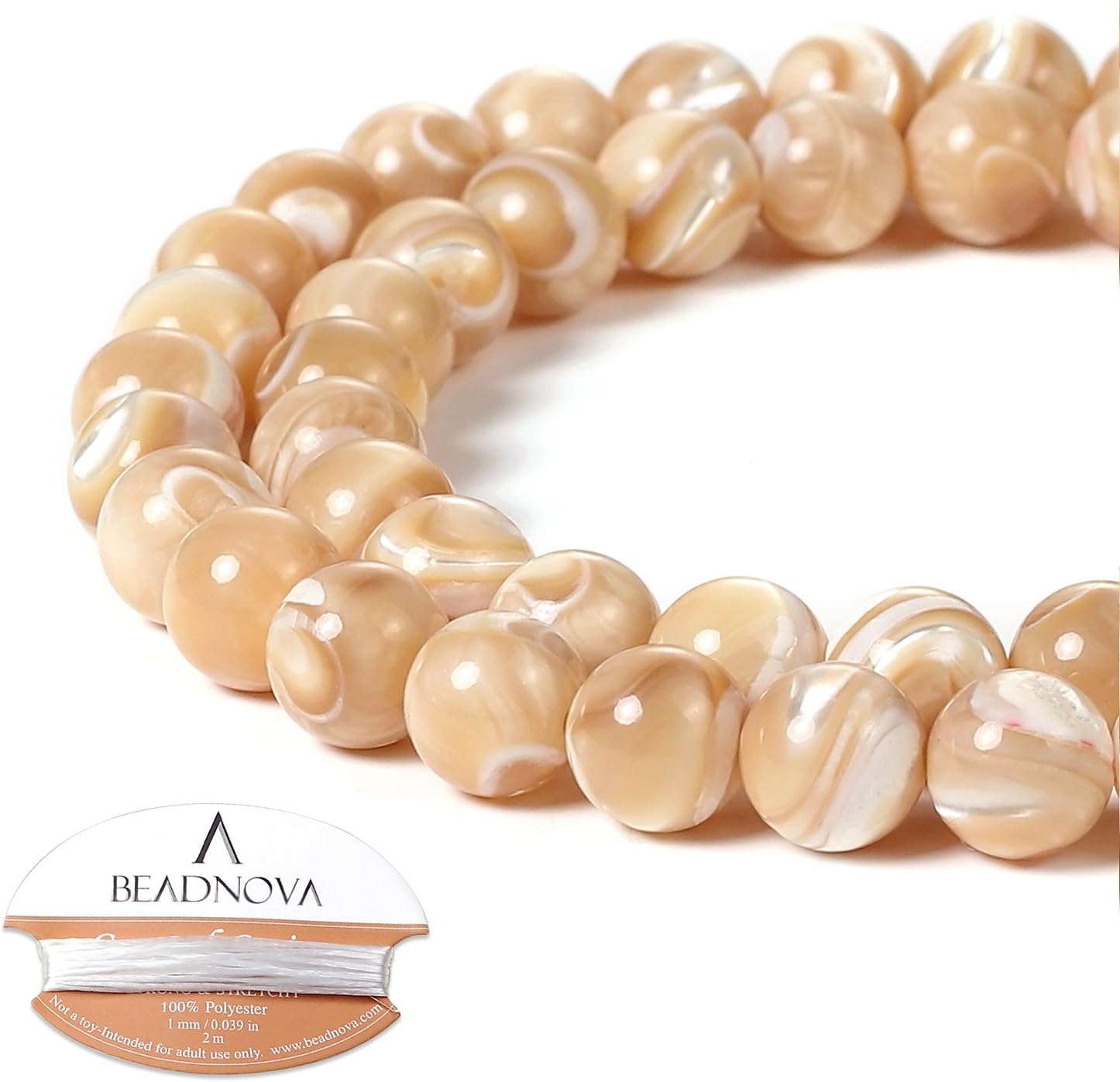 BEADNOVA Natural Mother of Pearl Nacre Conch Shell Beads Natural Crystal Beads Stone Gemstone Round Loose Energy Healing with Crystal Stretch Cord for Jewelry Making (8mm, 45-48pcs)