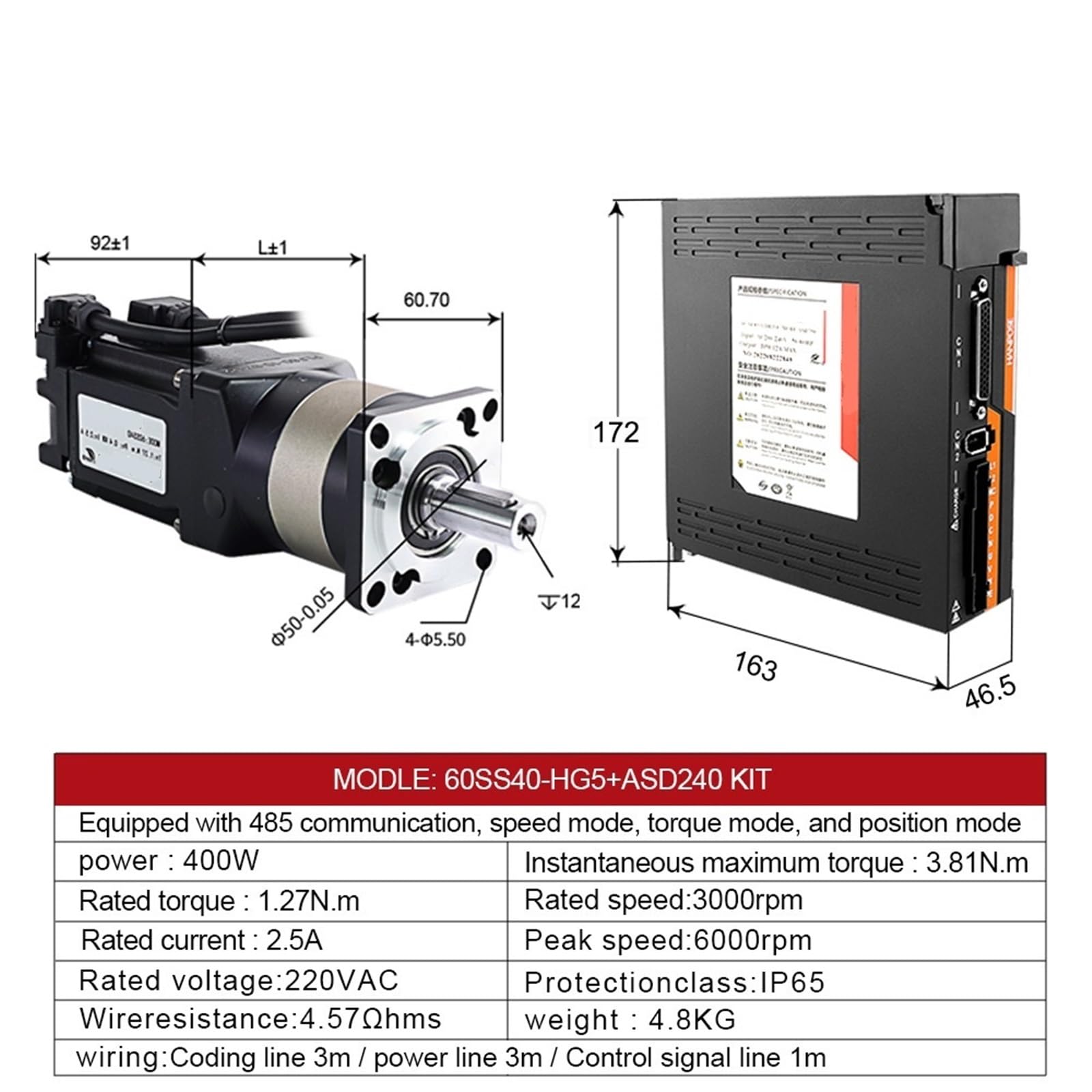 1 stücke AC-Servomotor mit Antriebssatz 220 V 2.5A 1.3Nm 60SS40-HG10-1 Hochpräzises Planetengetriebe 400 W Getriebeservo(60SS20-HG-ASD240,Ratio 28-1)