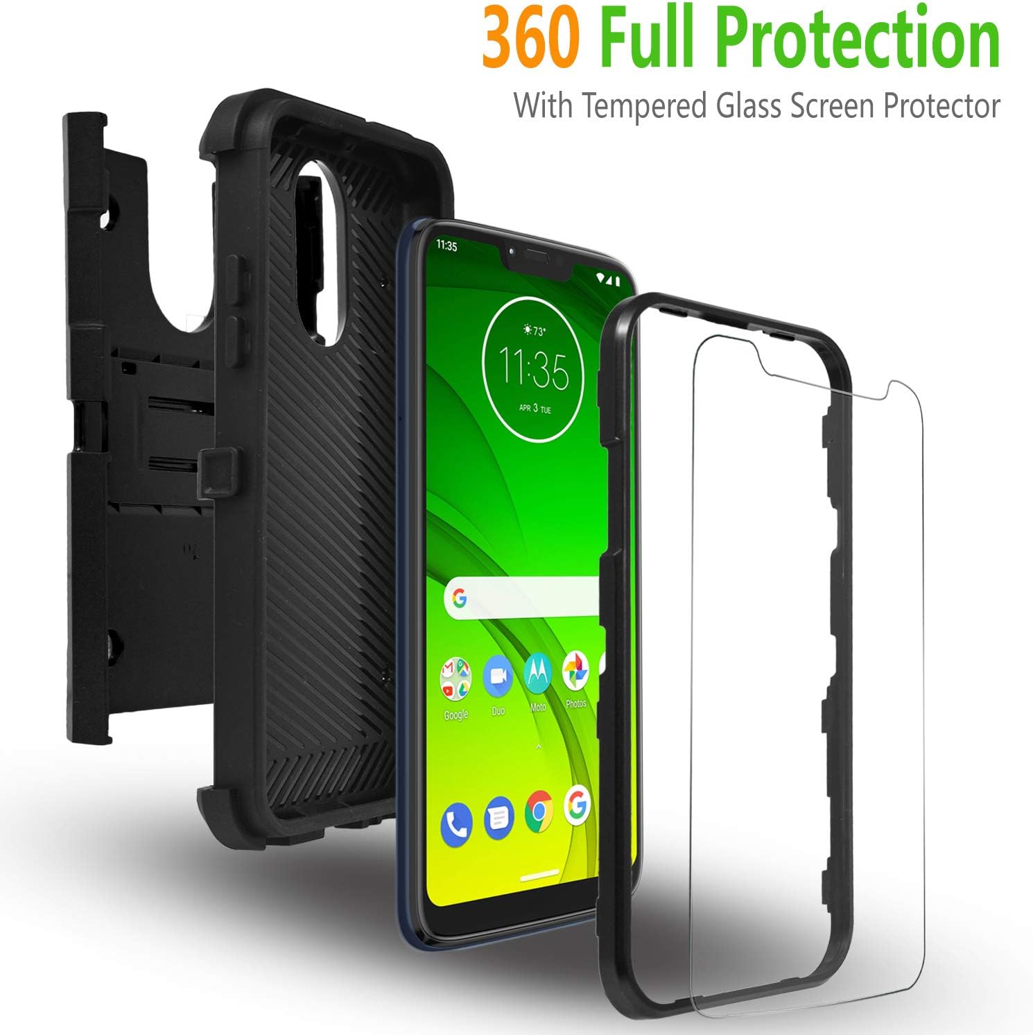 STARSHOP Compatible for Revvlry Case, Moto G7 Play Case, with [Tempered Glass Screen Protector Included], Full Cover Heavy Duty Dual Layers Phone Cover with Kickstand and Locking Belt Clip-Black