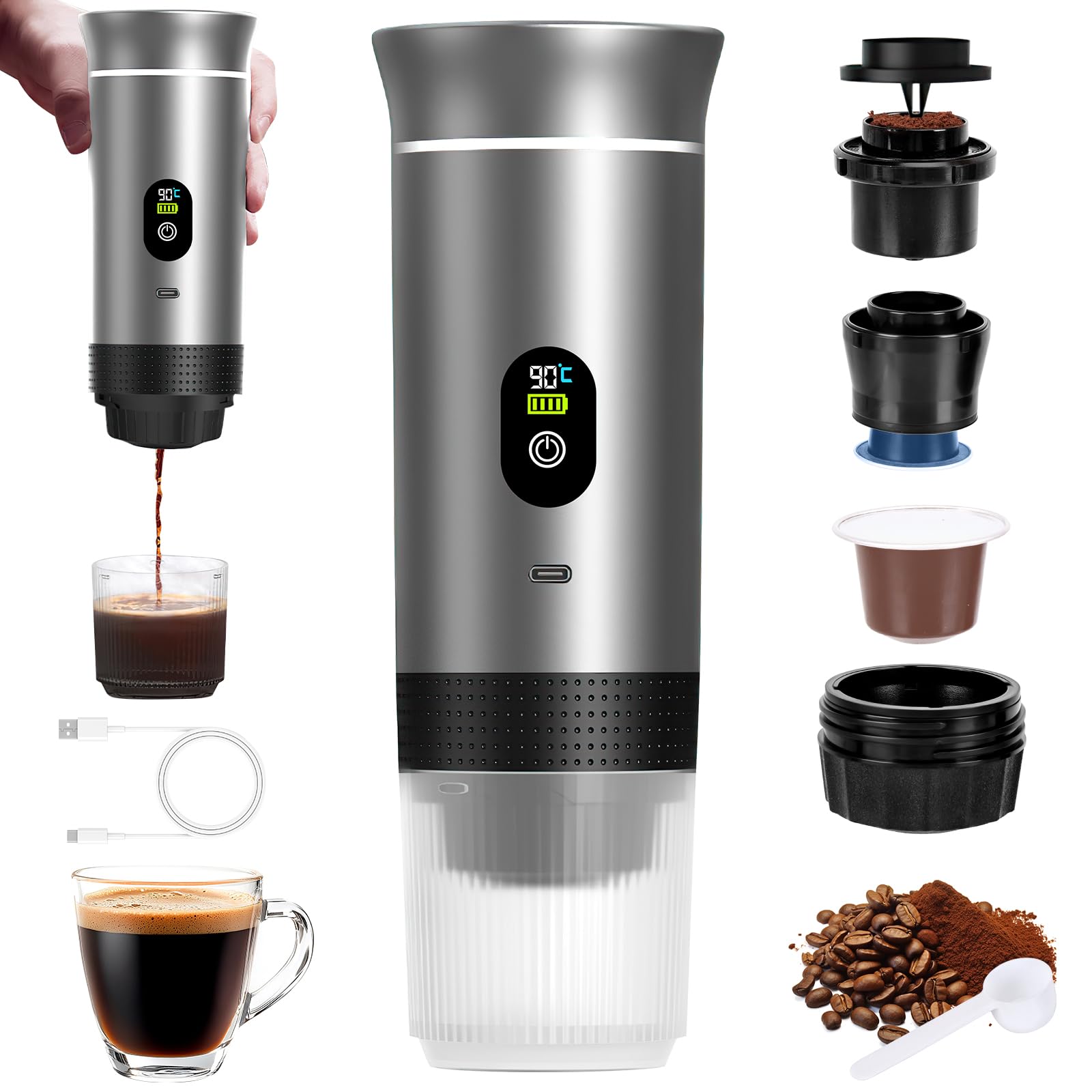 Portable Coffee Machine, Compatible with Small or Large Capsules, Nespresso、L'OR and Ground Coffee, 3 in 1 Portable Coffee Maker with Digital Display Function, Ideal Travel and Camping