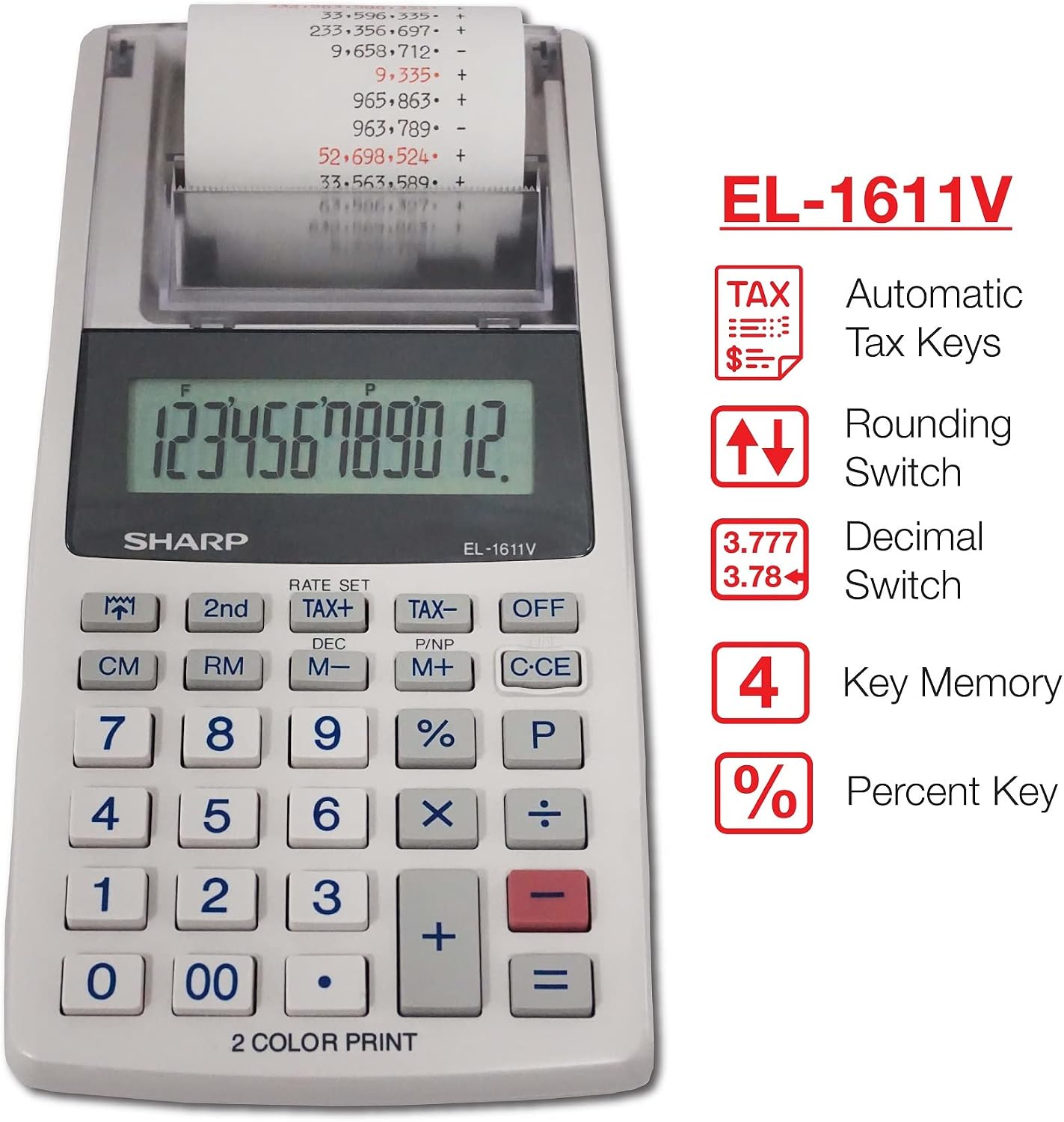 Sharp EL-1611V Handheld Portable Cordless 12 Digit Large LCD Display Two-Color Printing Calculator with Tax Functions, 191 x 99 x 42 mm