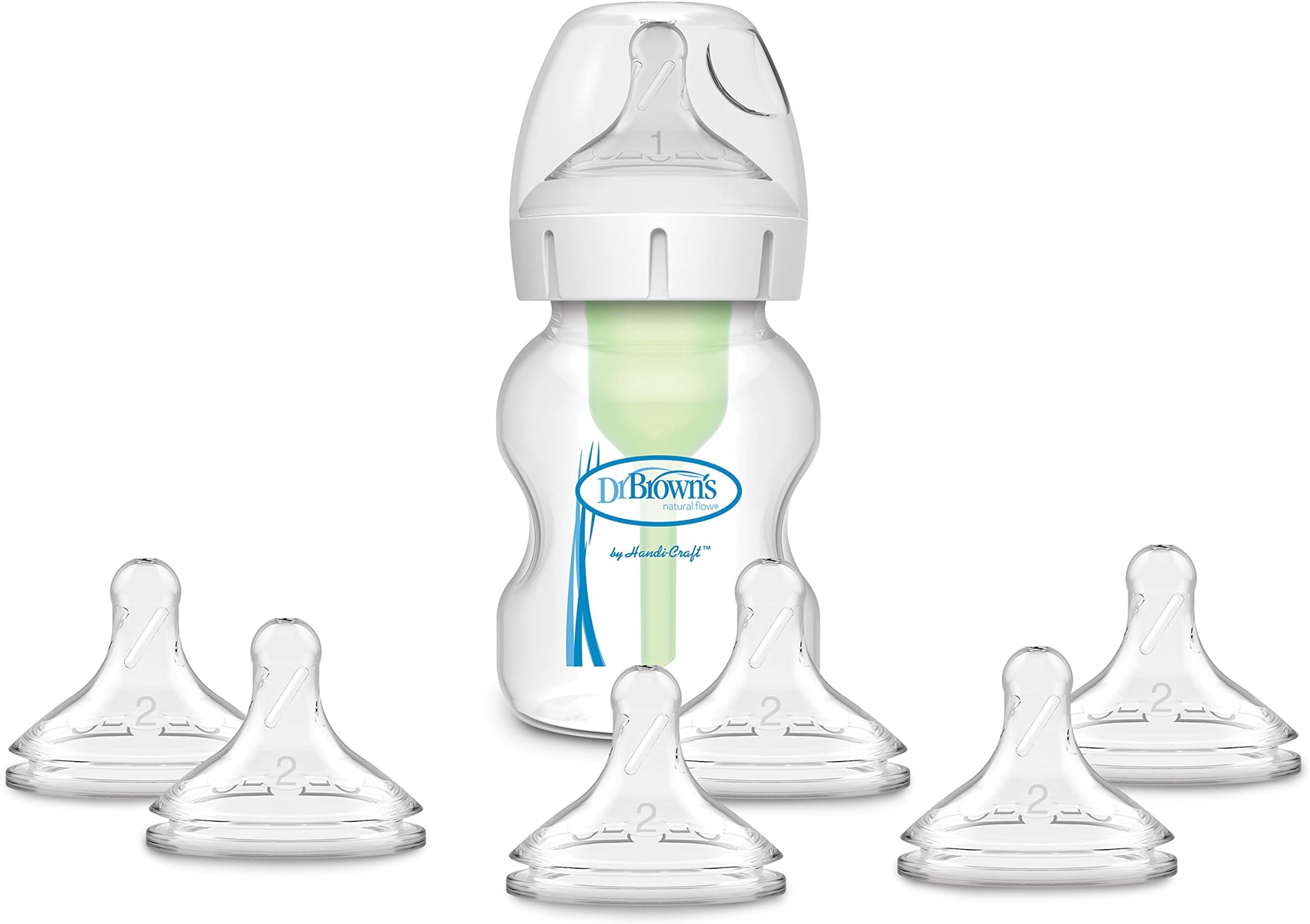 Dr. Brown’s Natural Flow® Anti-Colic Options+™ Wide-Neck Baby Bottle, 5 oz/150 mL, Level 1 Nipple, 1-Pack, 0m+ with 6-pack Level 2 Nipples