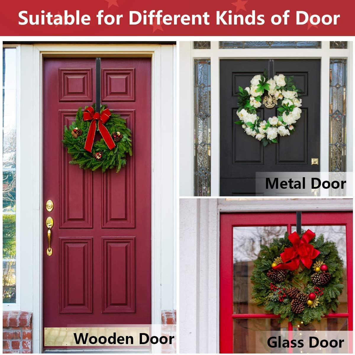 Kederwa 2 Pack 15'' Wreath Hanger for Front Door, Over The Door Wreath Hook Hanging Holder for Christmas Decoration (Black) : Home & Kitchen