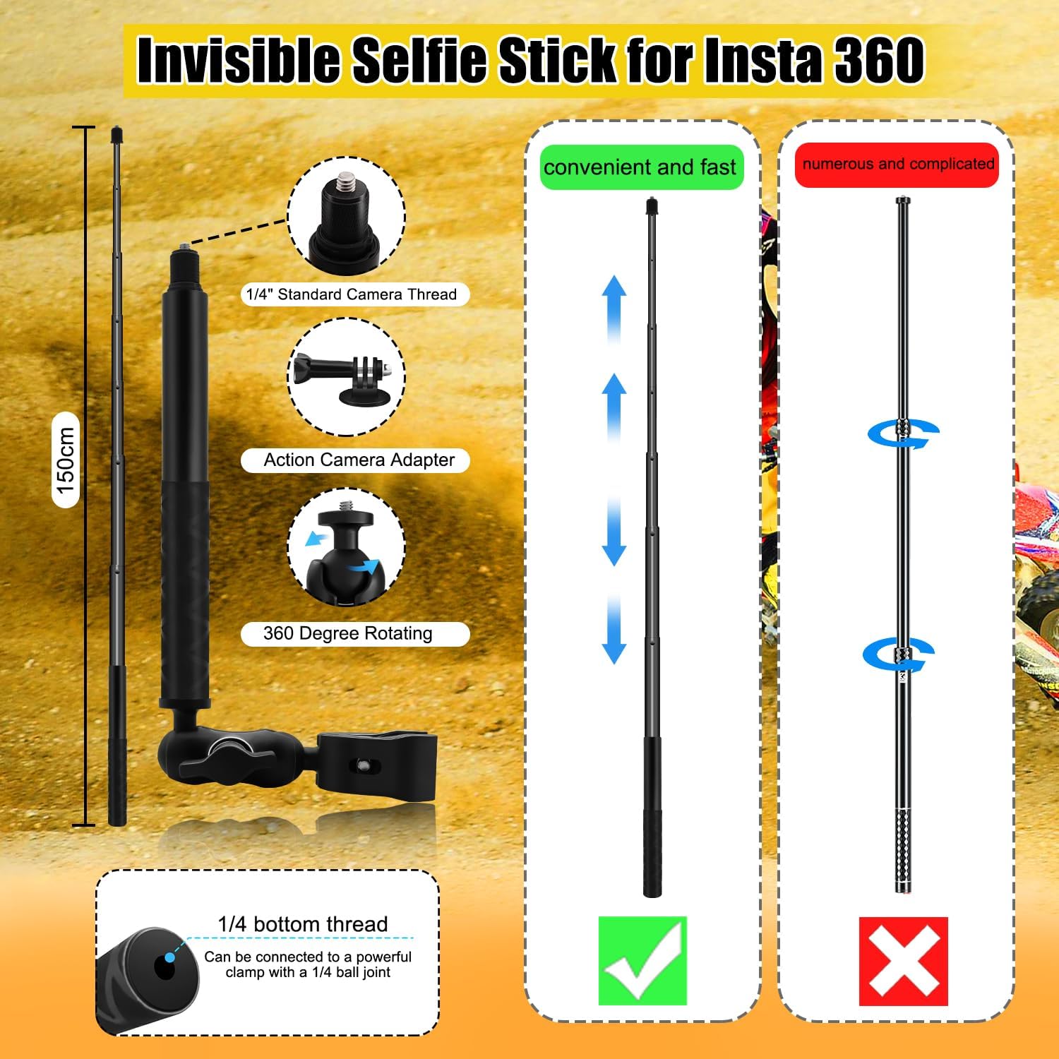 Motorcycle Double Clamp Mount Kit w 59" Invisible Selfie Stick Compatible for Insta 360 X5 X4 X3 X2 X ONE RS R GO 3 Heavy-Duty Handlebar Holder Motorcycle Compatible for Gopro 13/12/11/10/9 UTV ATV