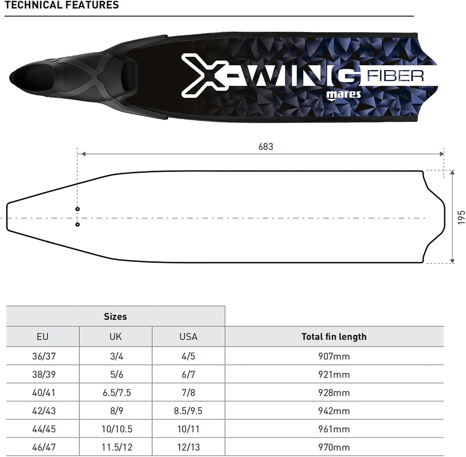 Mares Adult X-Wing Fiber Freediving Fins - Lightweight Fiberglass Long Full Foot Fins with Interchangeable Blade Construction for Spearfishing, Scuba Diving, Snorkeling