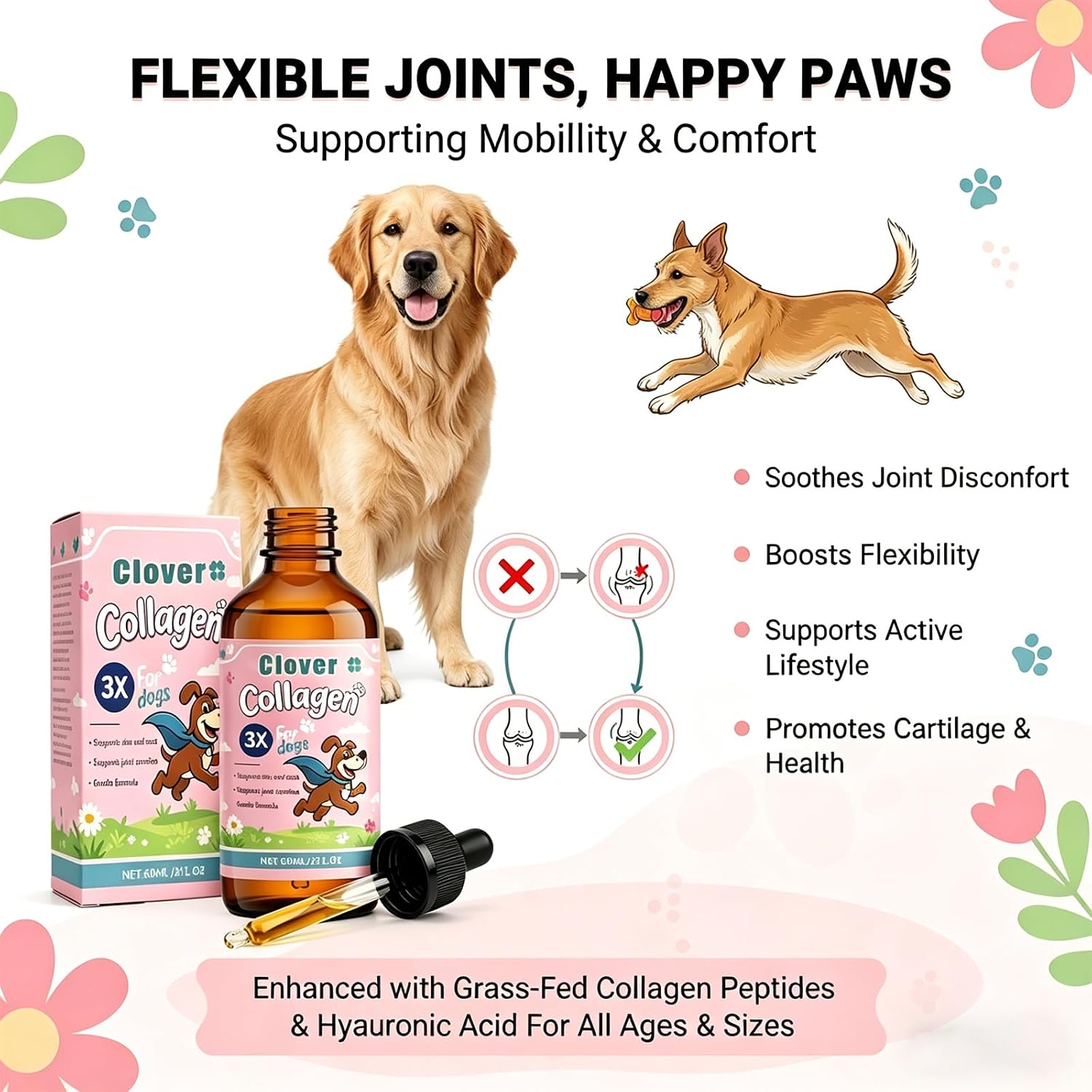 Clover Collagen for Dogs with Micro Peptide Repair System Liquid Support for Mobility, Skin & Coat, Hip & Joint Care for Small Medium Large Breeds with Hyaluronic Acid & Types I, Ii & Iii Collagen