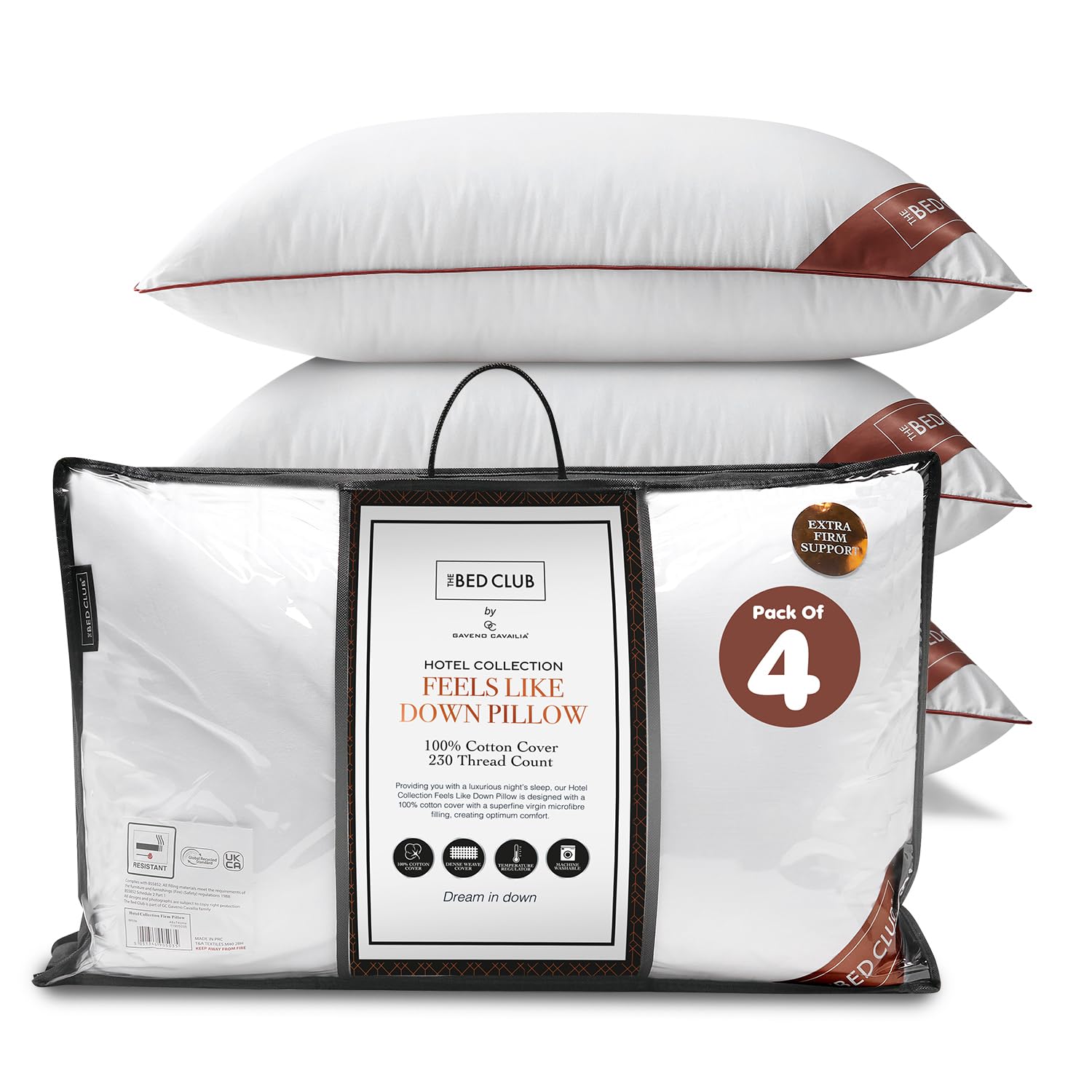 GC GAVENO CAVAILIA Firm Pillows 4Pack Neck Support Bed Pillow | Breathable Standard Size Single Pillow With 100% Cotton Cover | Hotel Quality Pillows For Stomach Back Pain & Side Sleepers, 74x48cm