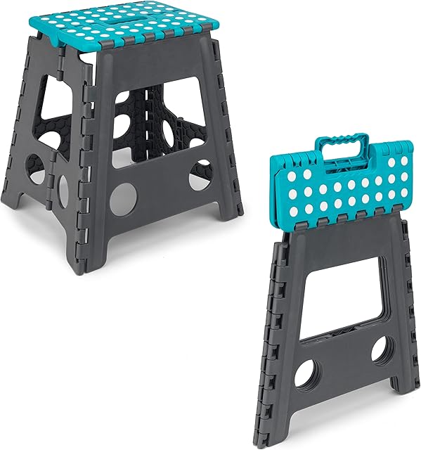 Beldray LA032638TQ Large Folding Stool, Carry Handle, Lightweight Plastic Step-Up Footstool, Foldable Design, Compact Storage, DIY Accessory, Max. Weight 150 KG, Turquoise/Grey