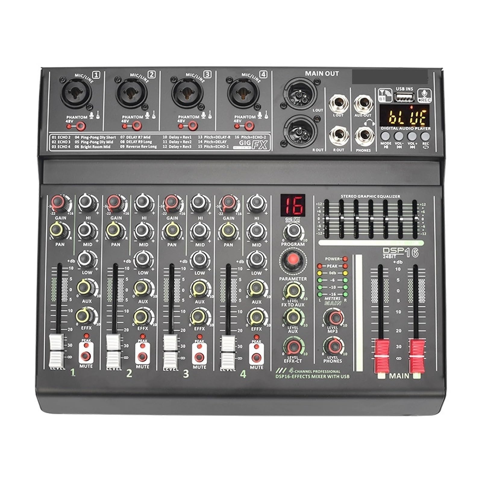 Mikser dźwięku, 4-kanałowy mikser DJ Profesjonalny 16-kanałowy DSP Indywidualny 48V Phantom Power USB Play Record Pro Sound Table