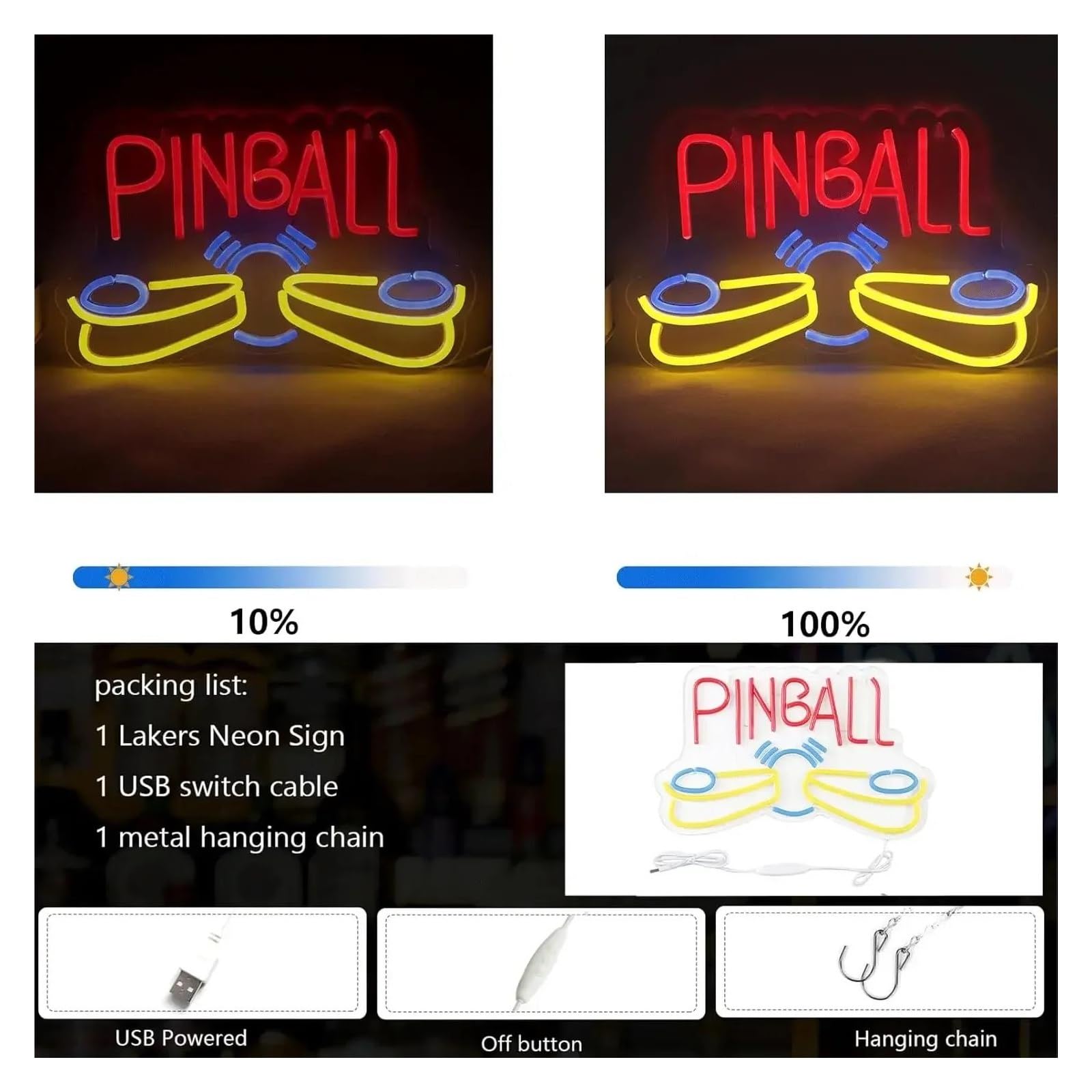 néon signe Enseigne Lumineuse USB À Intensité Variable Pinball Pour Salle De Jeux, Chambre, Bar, Salon, Fête D'anniversaire, Décoration Murale 35cmx34cm