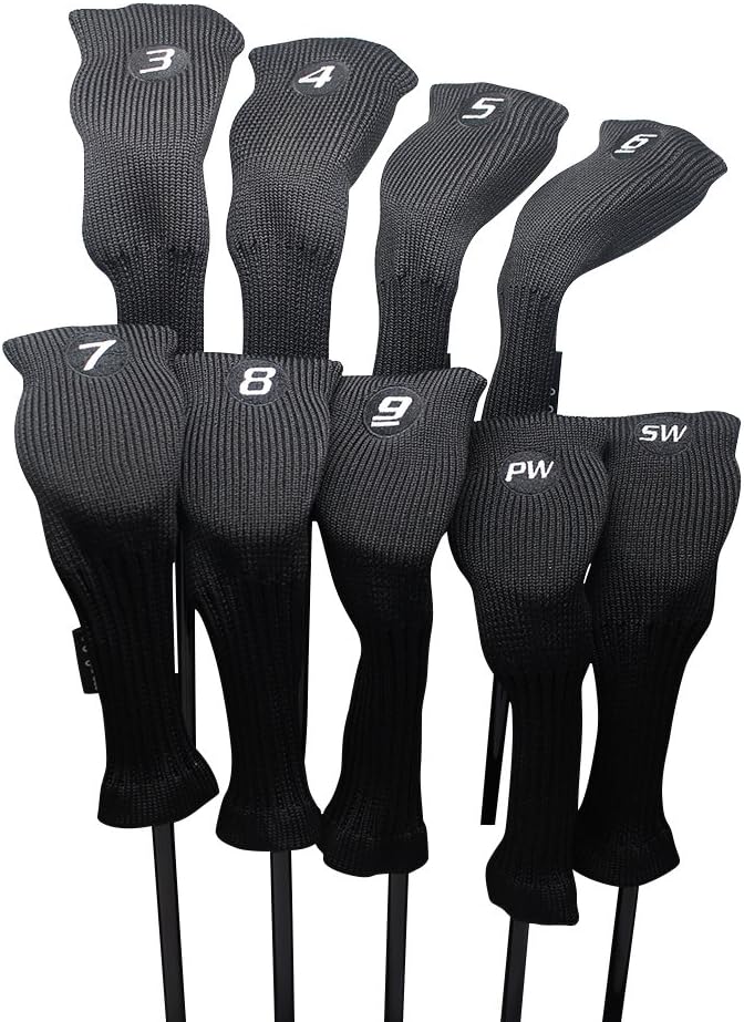 Majek All Hybrid Golf Club Black Sleek Tight Fit Headcover Set 3-SW Acrylic Head Covers 3 4 5 6 7 8 9 PW SW (Total of 9 Hybrid Head cover Set)