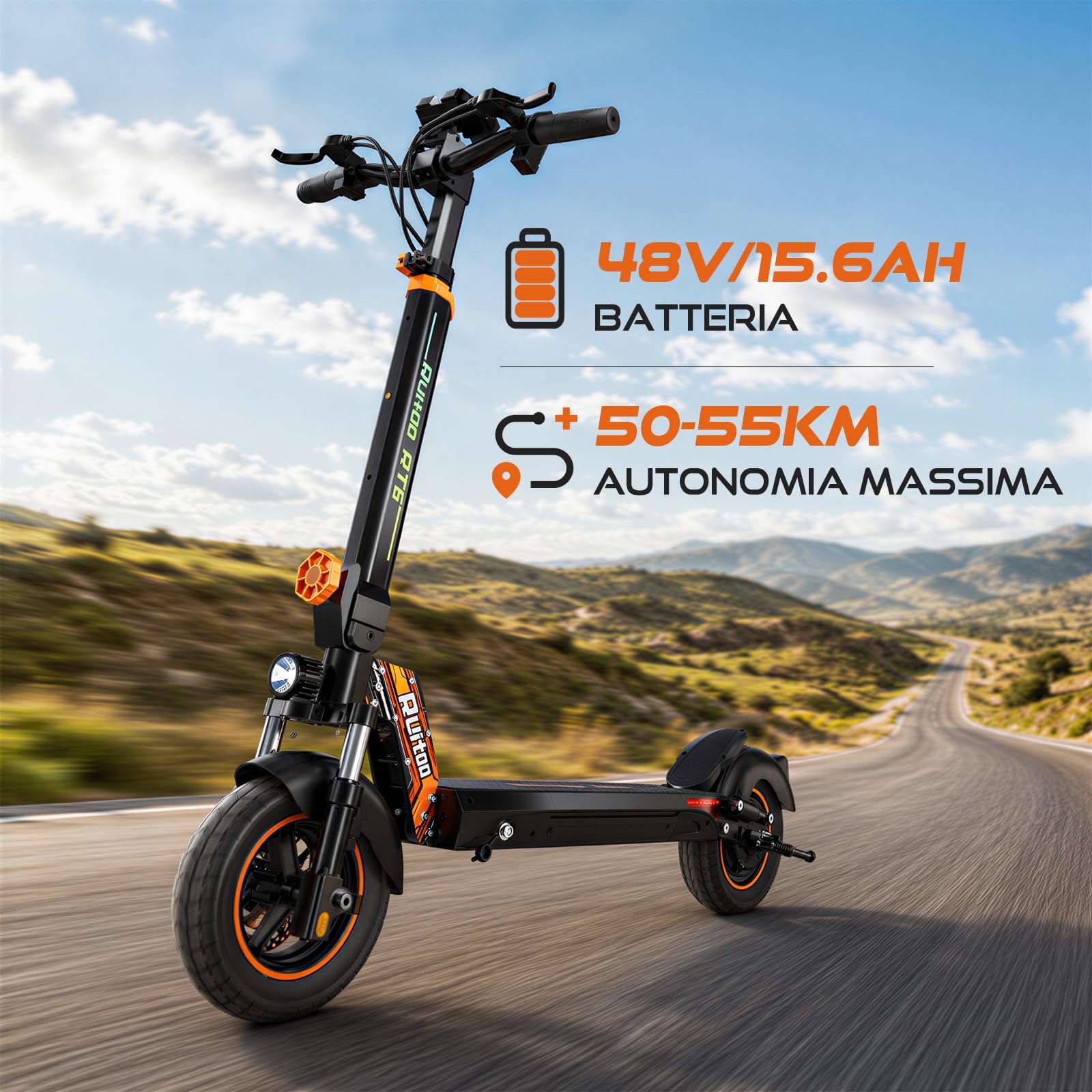 RT6 Monopattino Elettrico per Adulti, Motore Potente, Batteria 48V 15.6Ah, Autonomia Massima 50-55KM, Pneumatici All Terrain 10 Pollici, 3 Modalità di Velocità, Display Intelligente